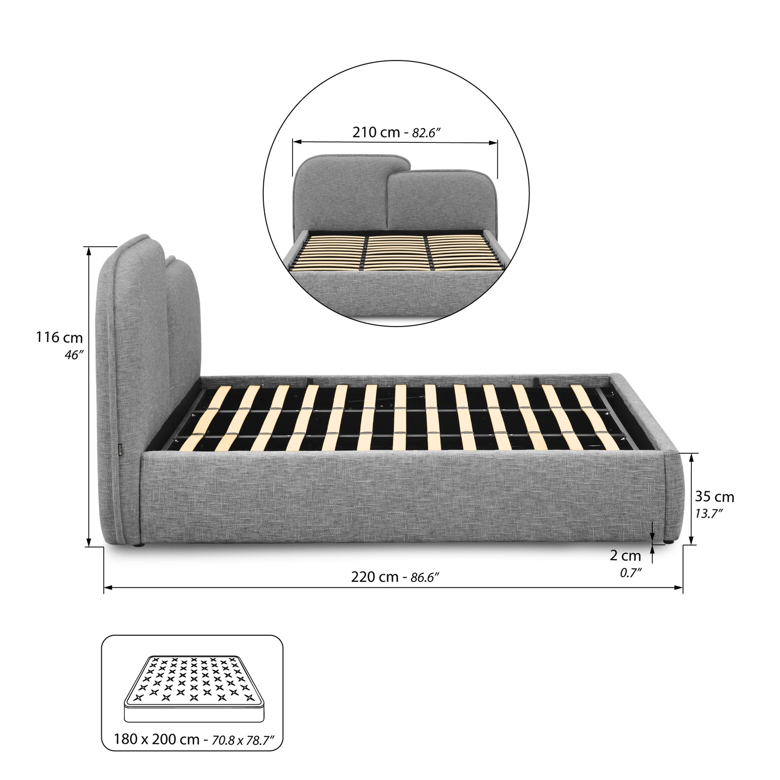 Letto matrimoniale con contenitore Olivia per materasso 180x200 cm, Grigio Melange - Immagine tecnica 2