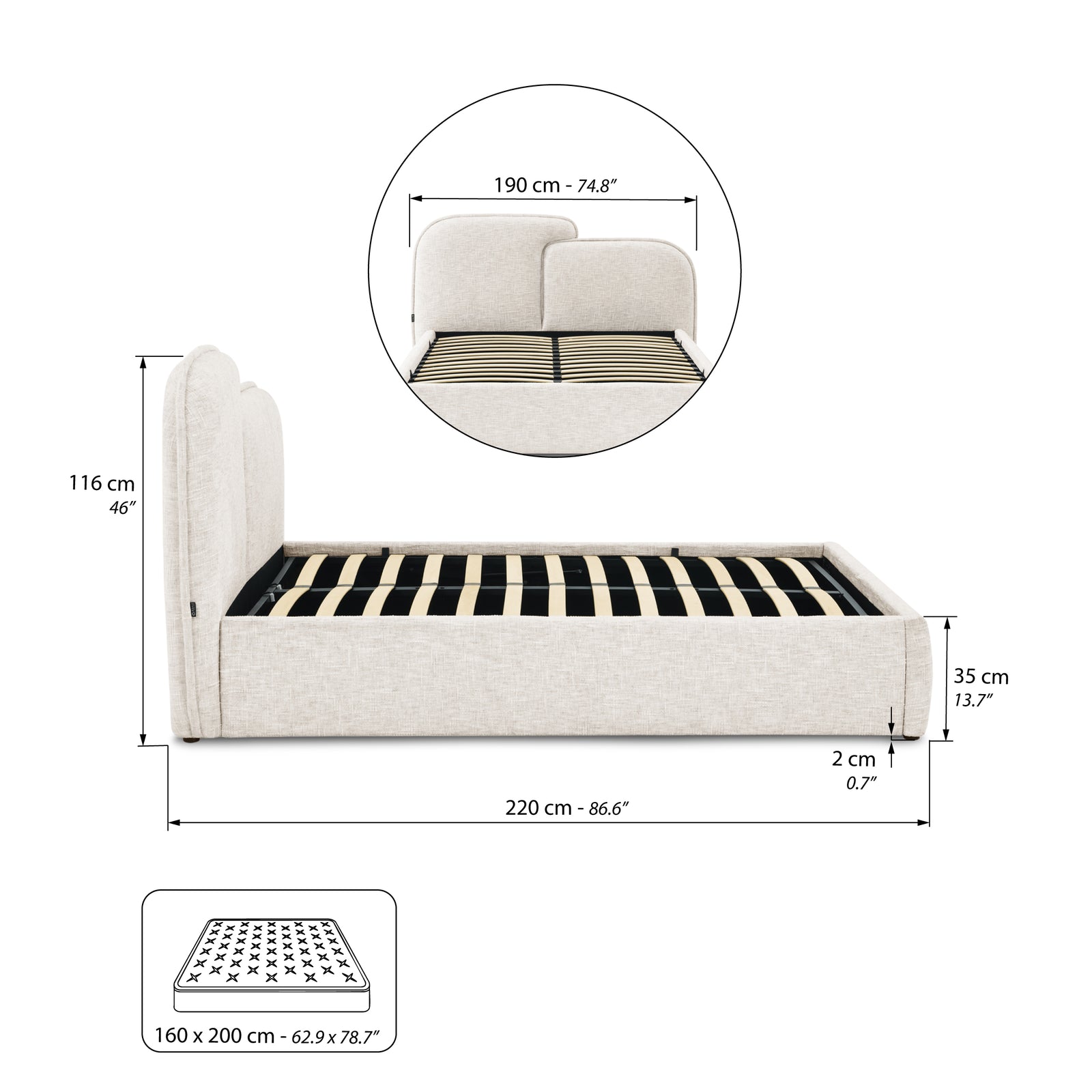 Letto matrimoniale con contenitore Olivia per materasso 160x200 cm, color Sabbia - Immagine tecnica 2