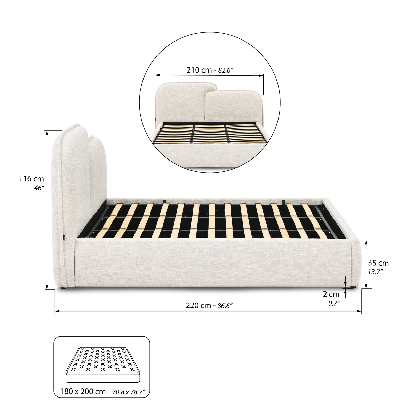 Double bed with storage Olivia for mattress 180x200 cm, Sand - Immagine tecnica 2