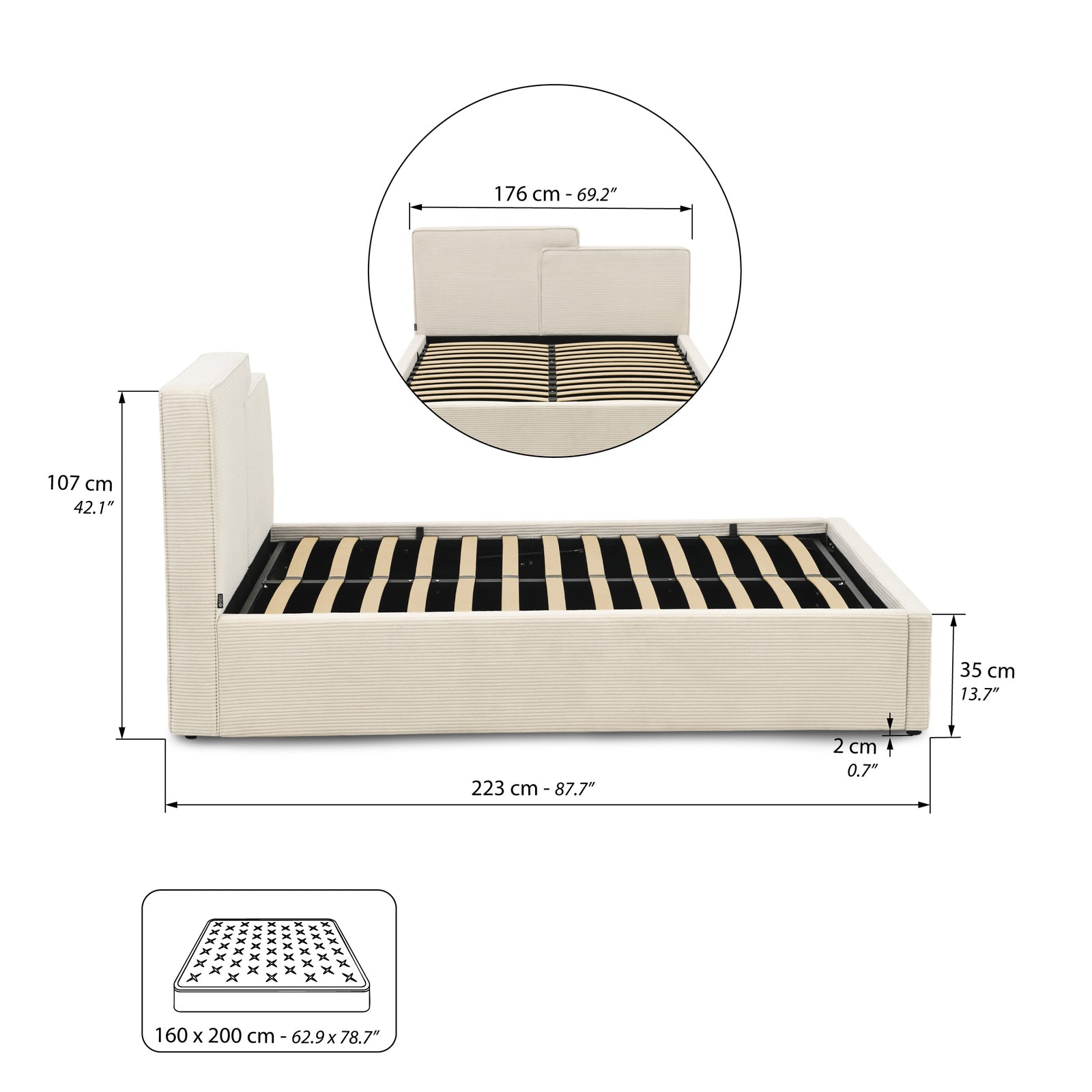 Doppelbett mit Bettkasten Riccardo für Matratze 160x200 cm, Cremeweiß - Immagine tecnica 2