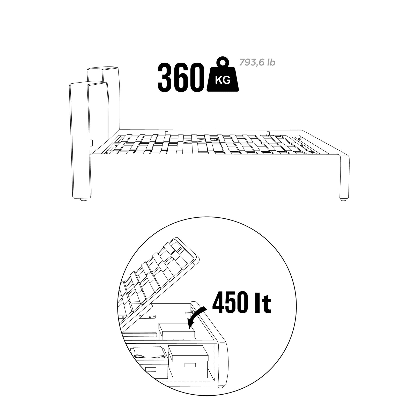 King size bed with storage Riccardo 180x200 cm, Gray - Immagine tecnica 2