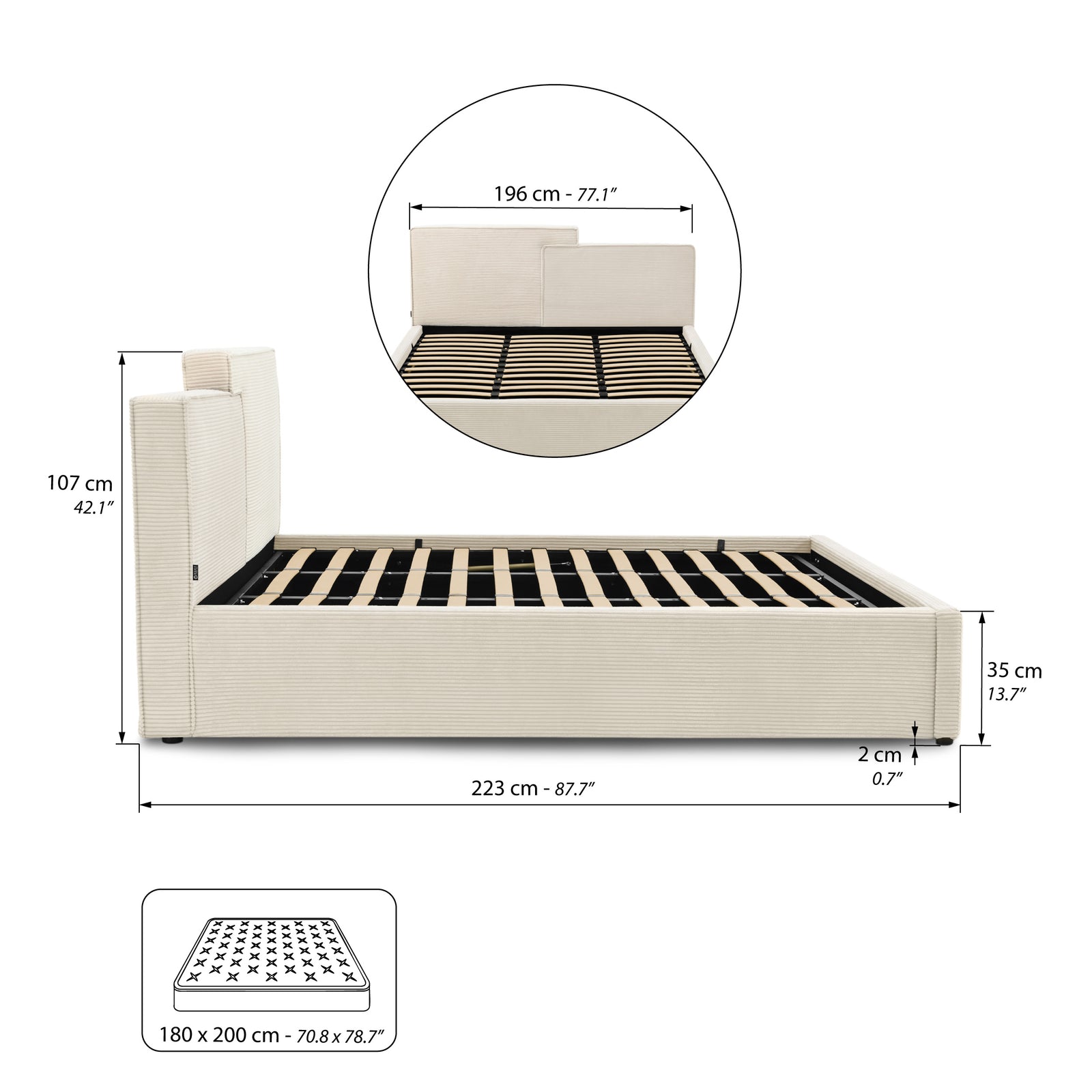 Double bed with storage Riccardo for mattress 180x200 cm, Cream White - Immagine tecnica 2