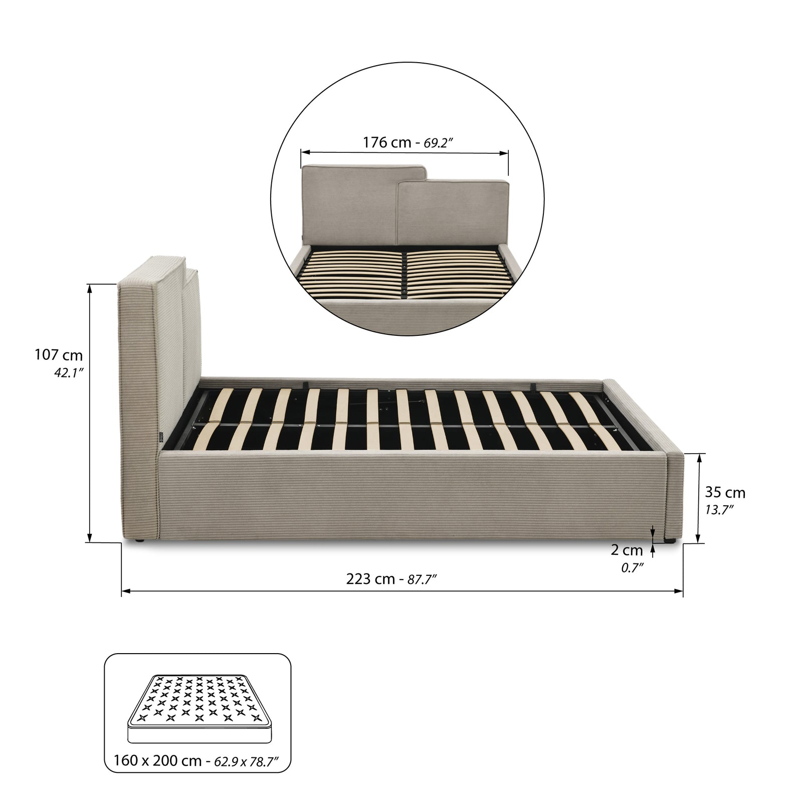 Letto matrimoniale con contenitore Riccardo per materasso 160x200 cm, Grigio - Immagine tecnica 2