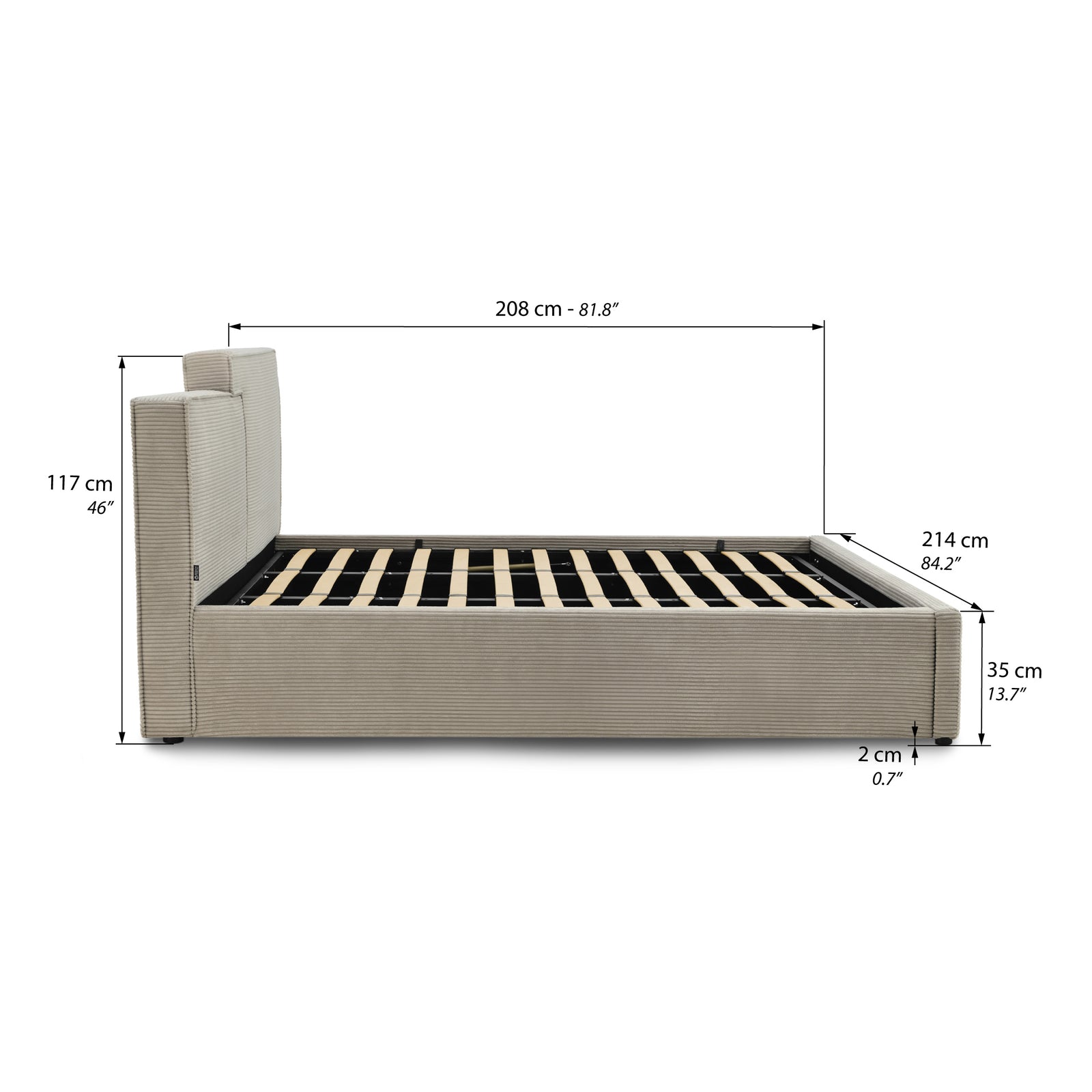 King size bed with storage Riccardo 180x200 cm, Gray - Immagine tecnica 1
