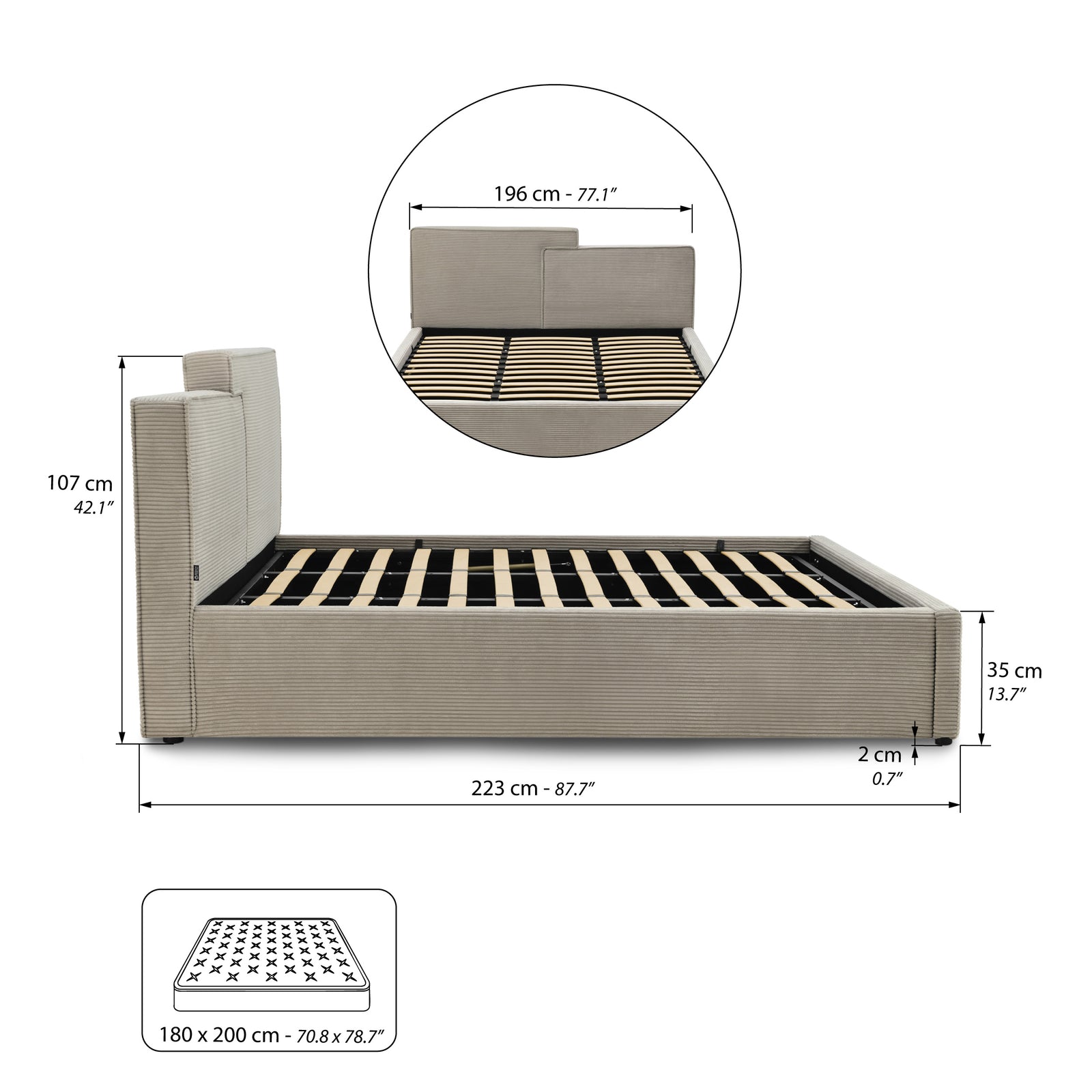Lit double avec coffre Riccardo pour matelas 180x200 cm, Gris - Immagine tecnica 2
