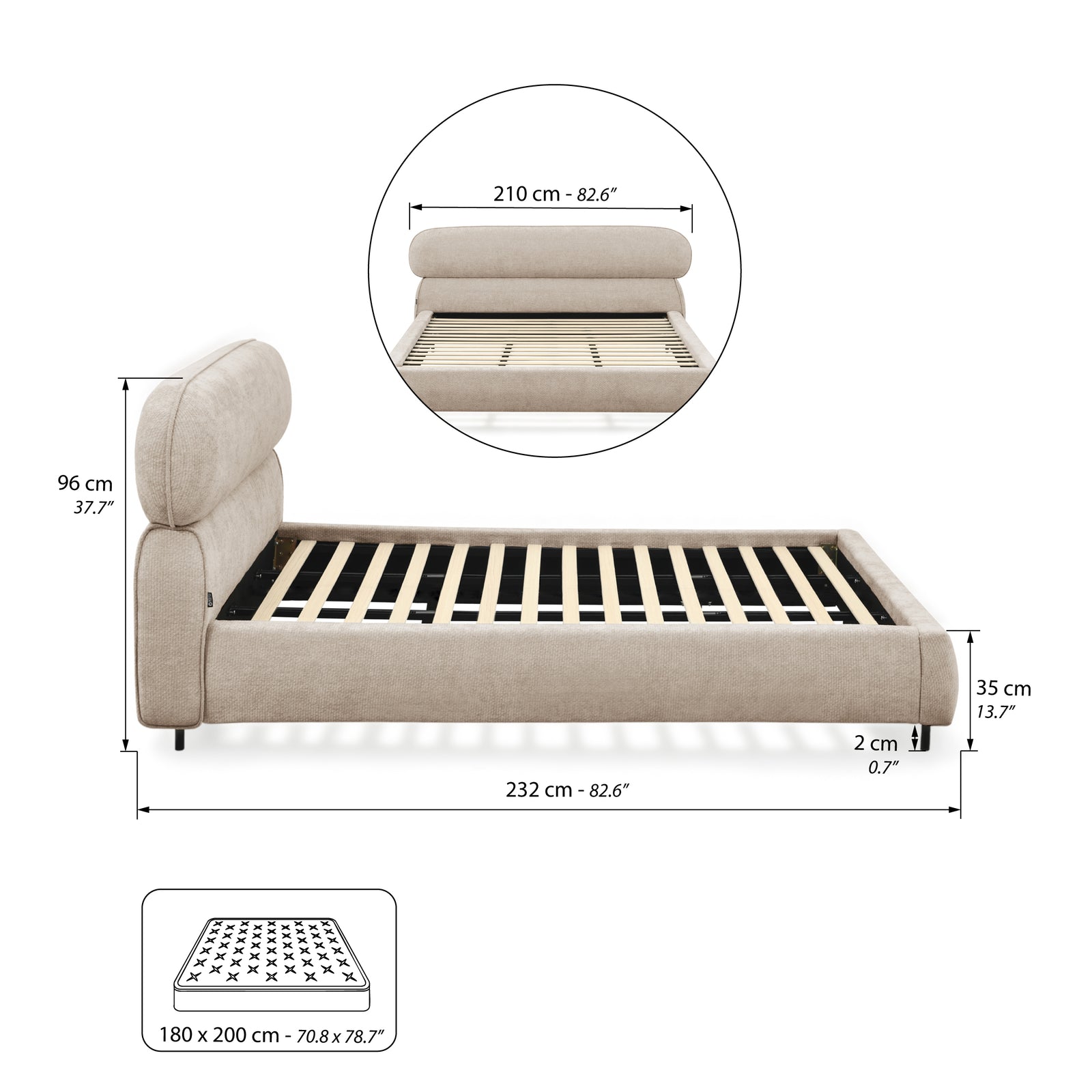 Padded double bed Rossella for mattress 180x200 cm, Sand - Immagine tecnica 1