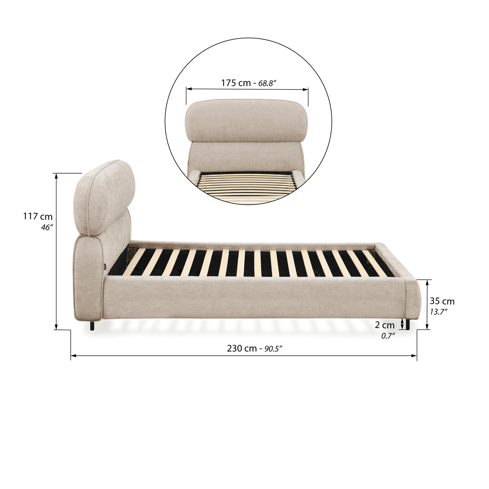 Gepolstertes Einzelbett Rossella 90x200 cm, Sand - Immagine tecnica 1