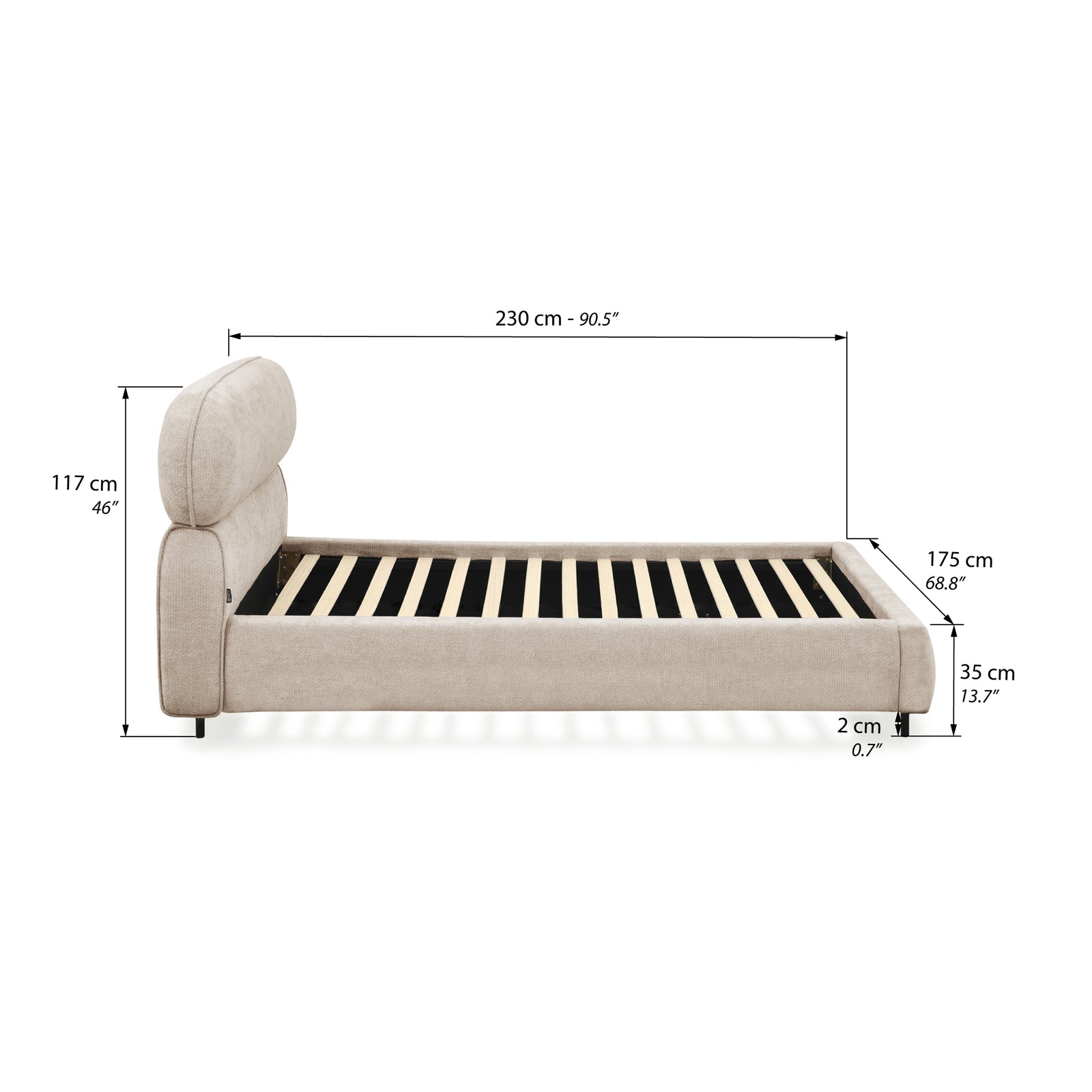 Gepolstertes Einzelbett Rossella 90x200 cm, Grau - Immagine tecnica 1