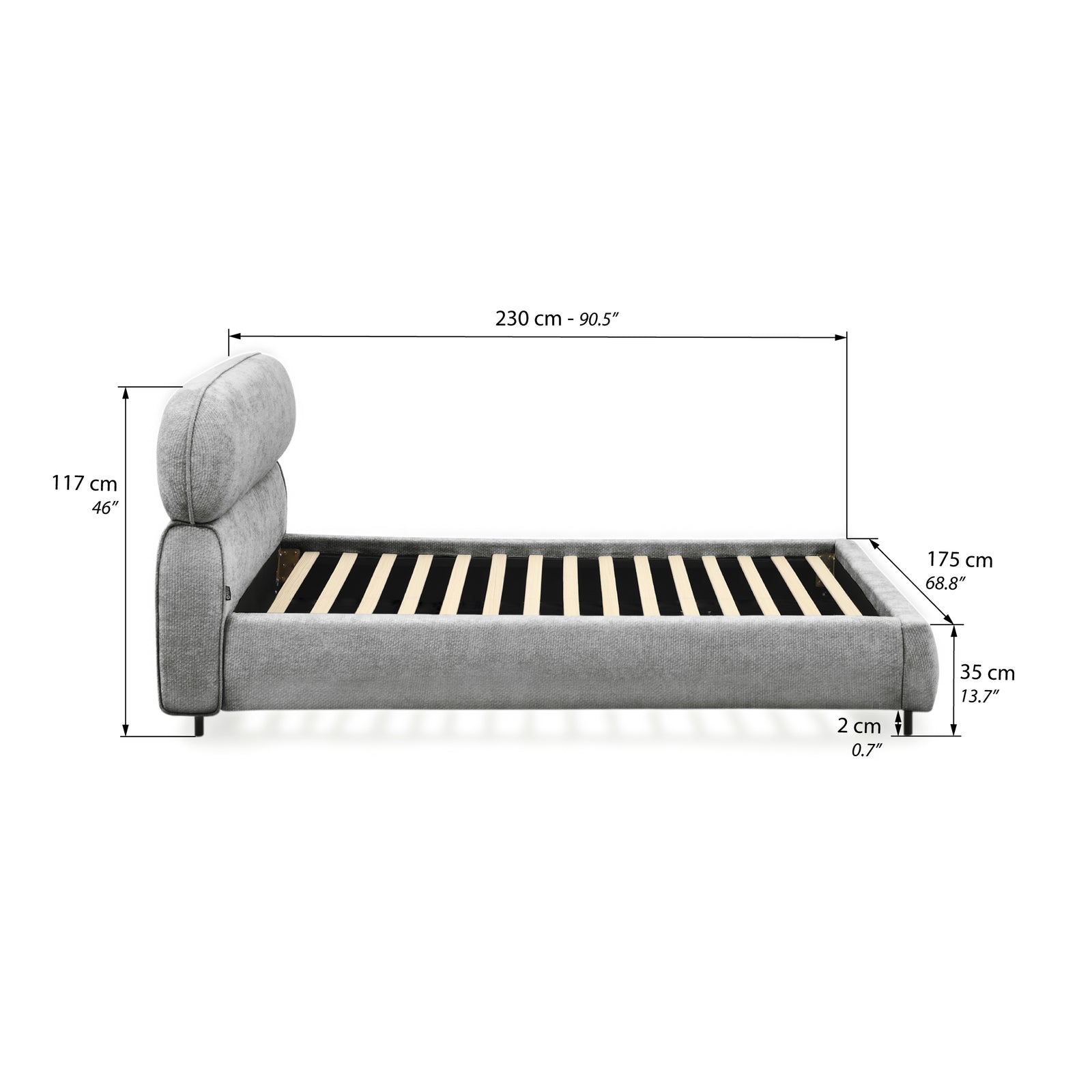 Letto singolo imbottito Rossella 90x200 cm, Grigio Pietra - Immagine tecnica 1