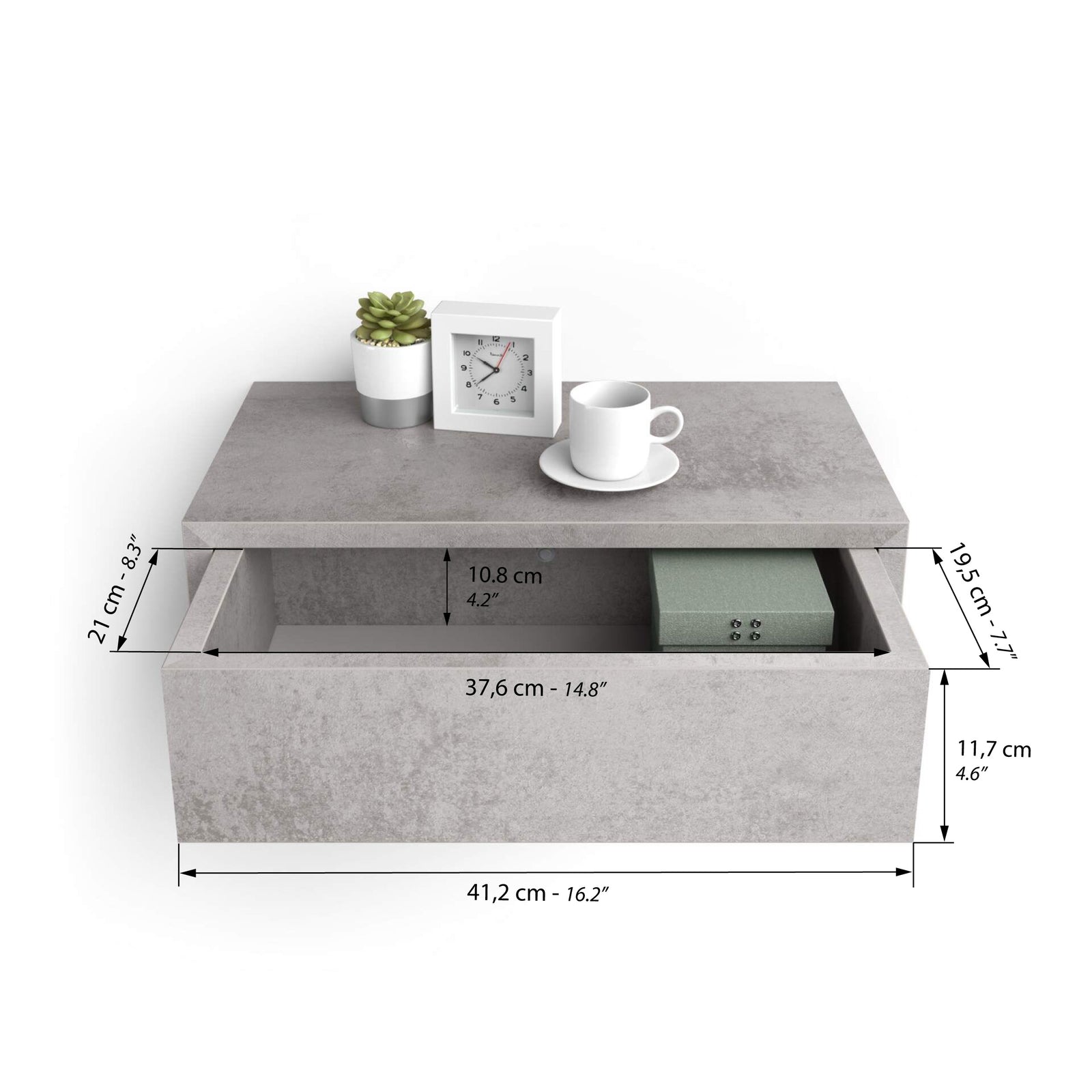 Riccardo Wall bedside table, Concrete Effect, Grey - Immagine tecnica 2