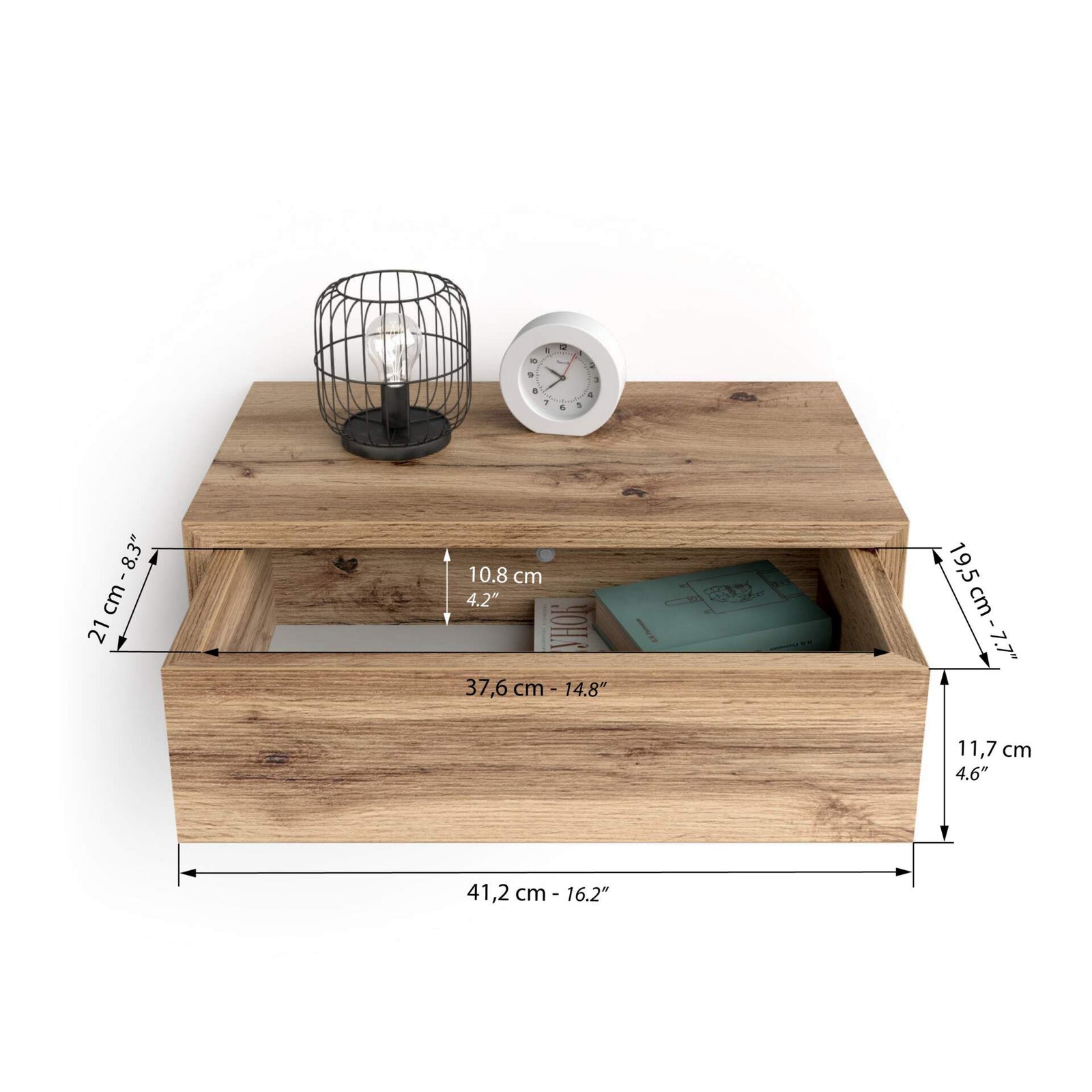 Riccardo Wall bedside table, Rustic Oak - Immagine tecnica 2