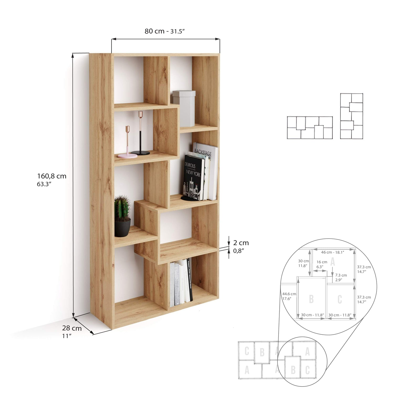 Bibliothèque XS Iacopo (160,8 x 80 cm), Bois Rustique - Immagine tecnica 1