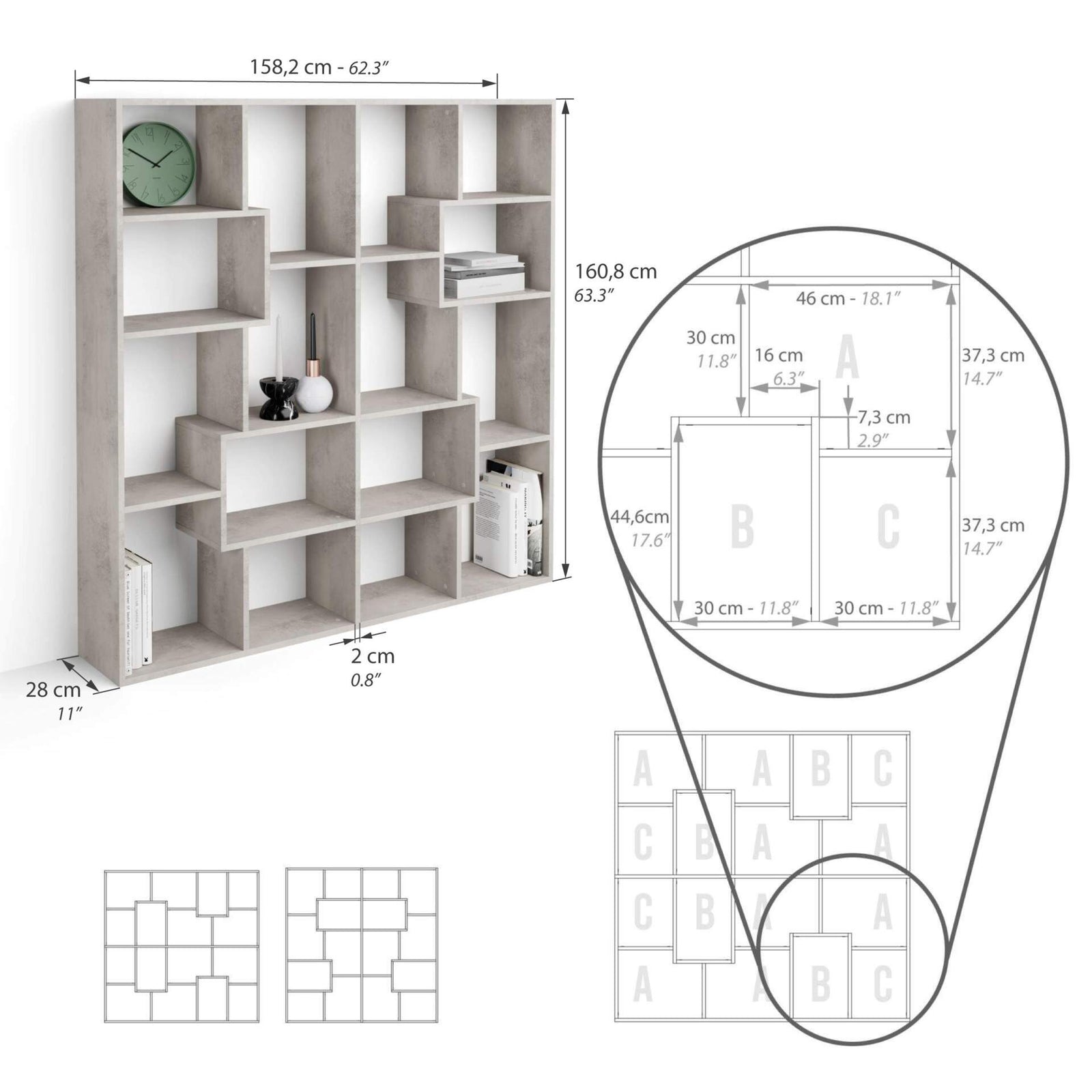 Libreria S Iacopo (160,8 x 158,2 cm), Grigio Cemento - Immagine tecnica 1