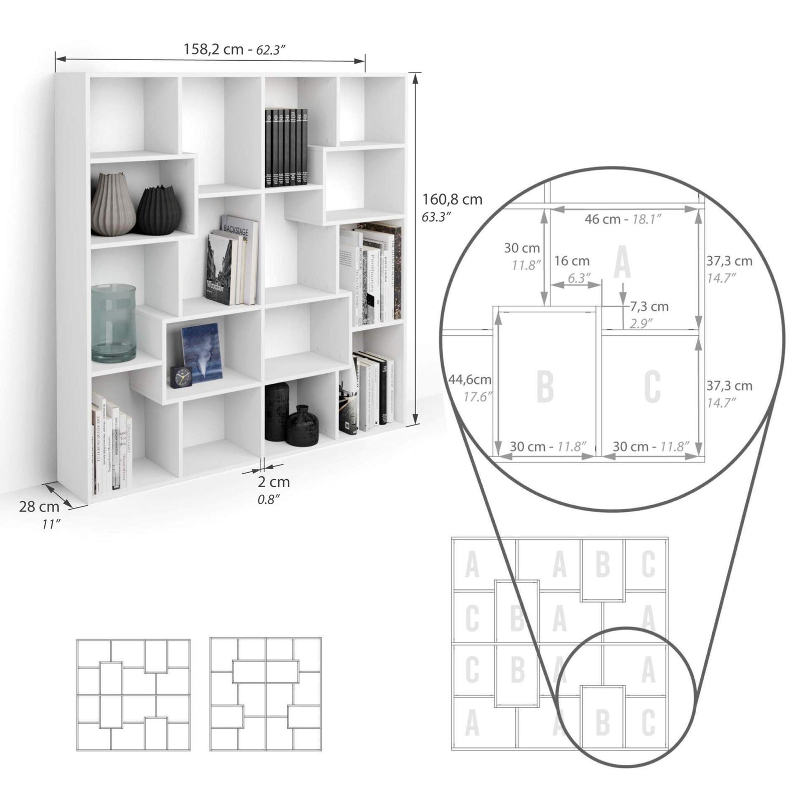 Libreria S Iacopo (160,8 x 158,2 cm), Bianco Frassino - Immagine tecnica 1