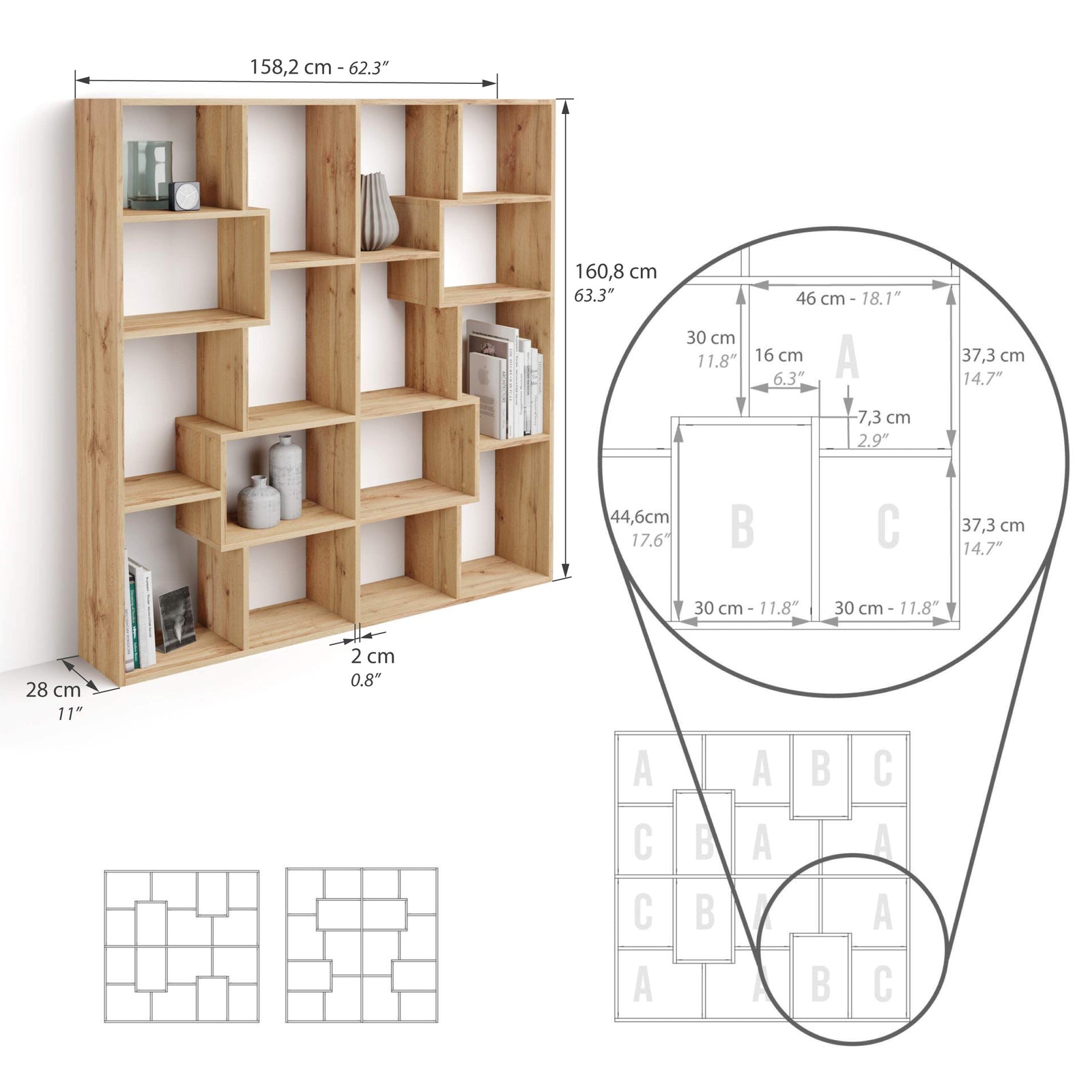 Iacopo S Bookcase (160.8 x 158.2 cm), Rustic Oak - Immagine tecnica 1