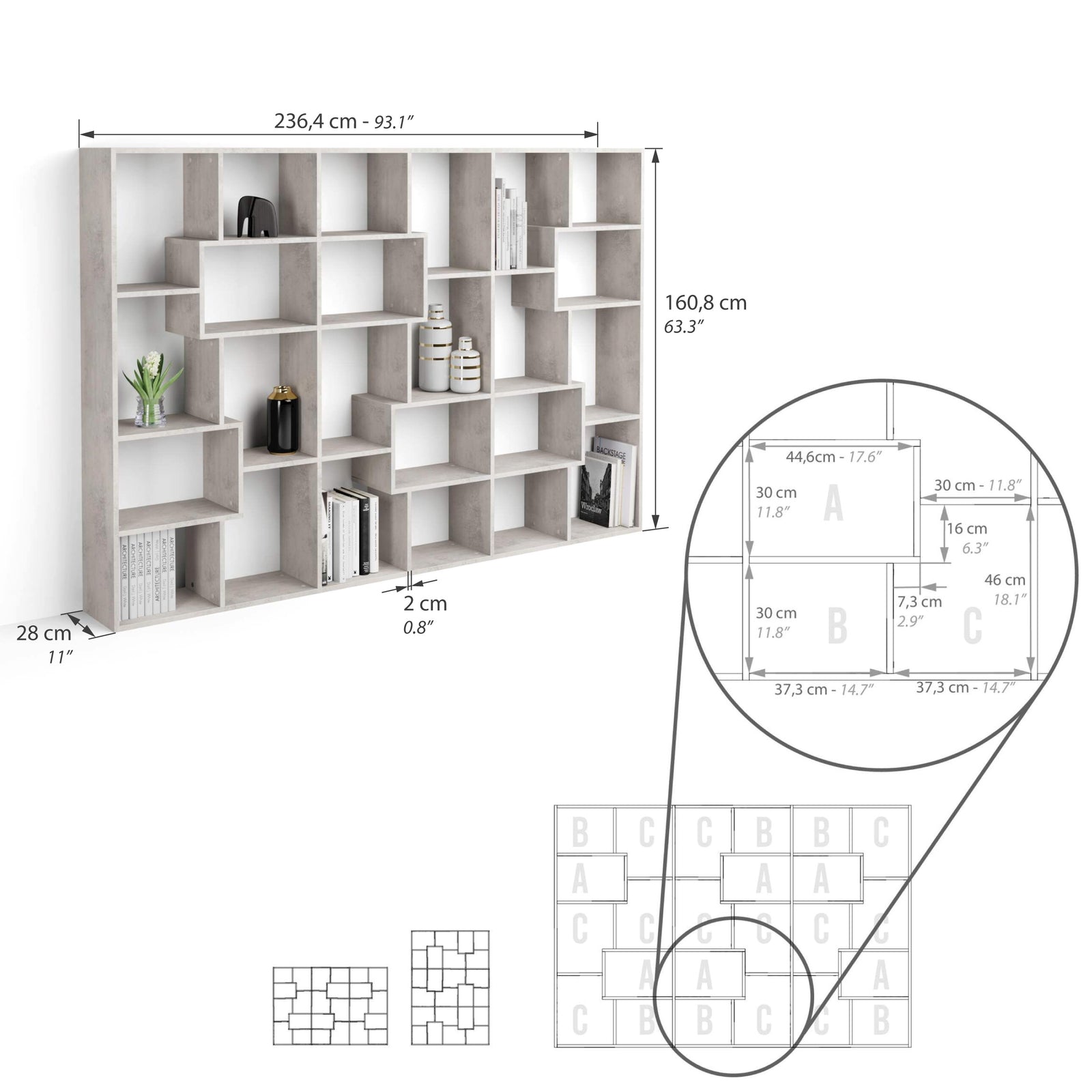 Iacopo M Bookcase (160.8 x 236.4 cm), Concrete Effect, Grey - Immagine tecnica 1