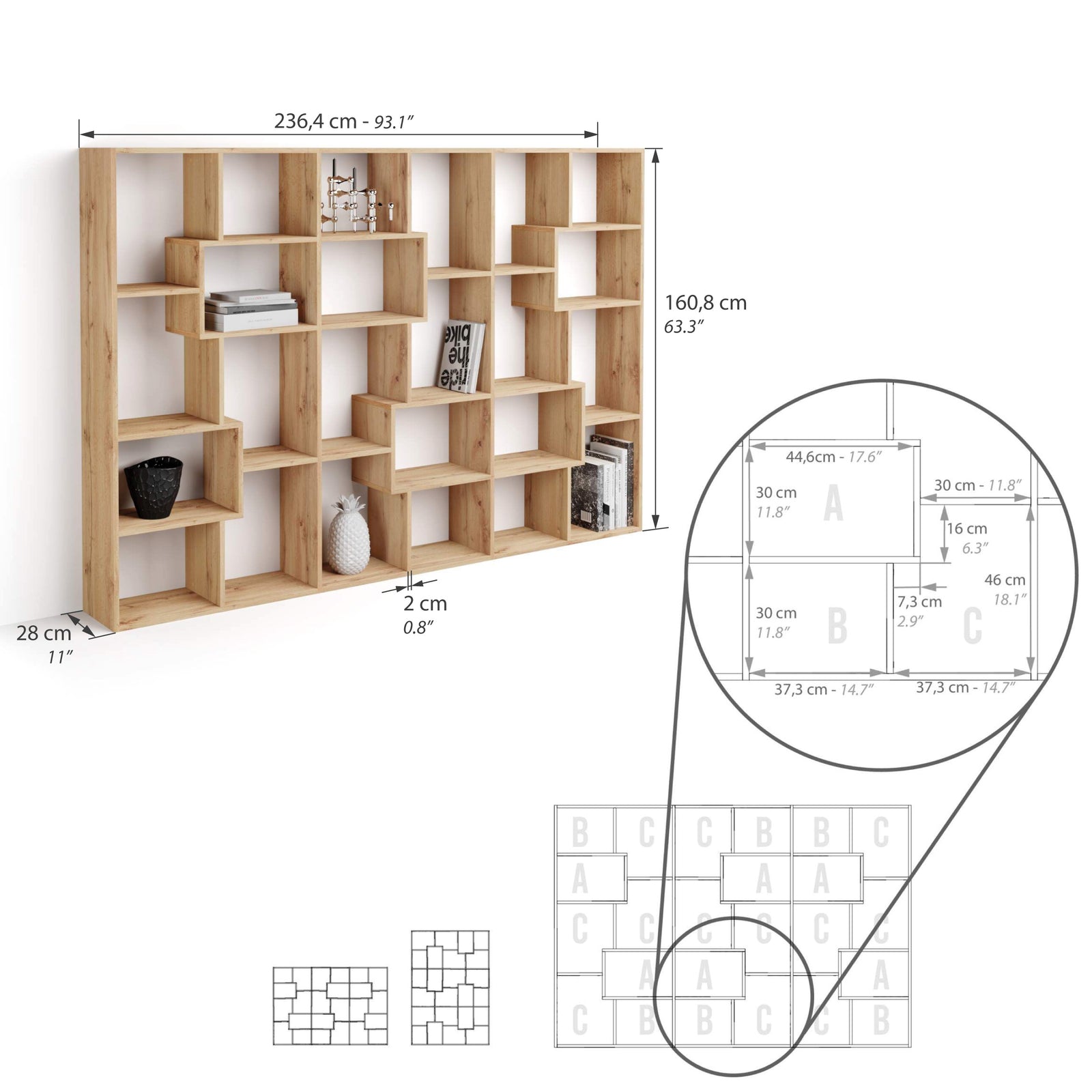 Librărie M Iacopo (160,8 x 236,4 cm), Stejar Rustic - Immagine tecnica 1