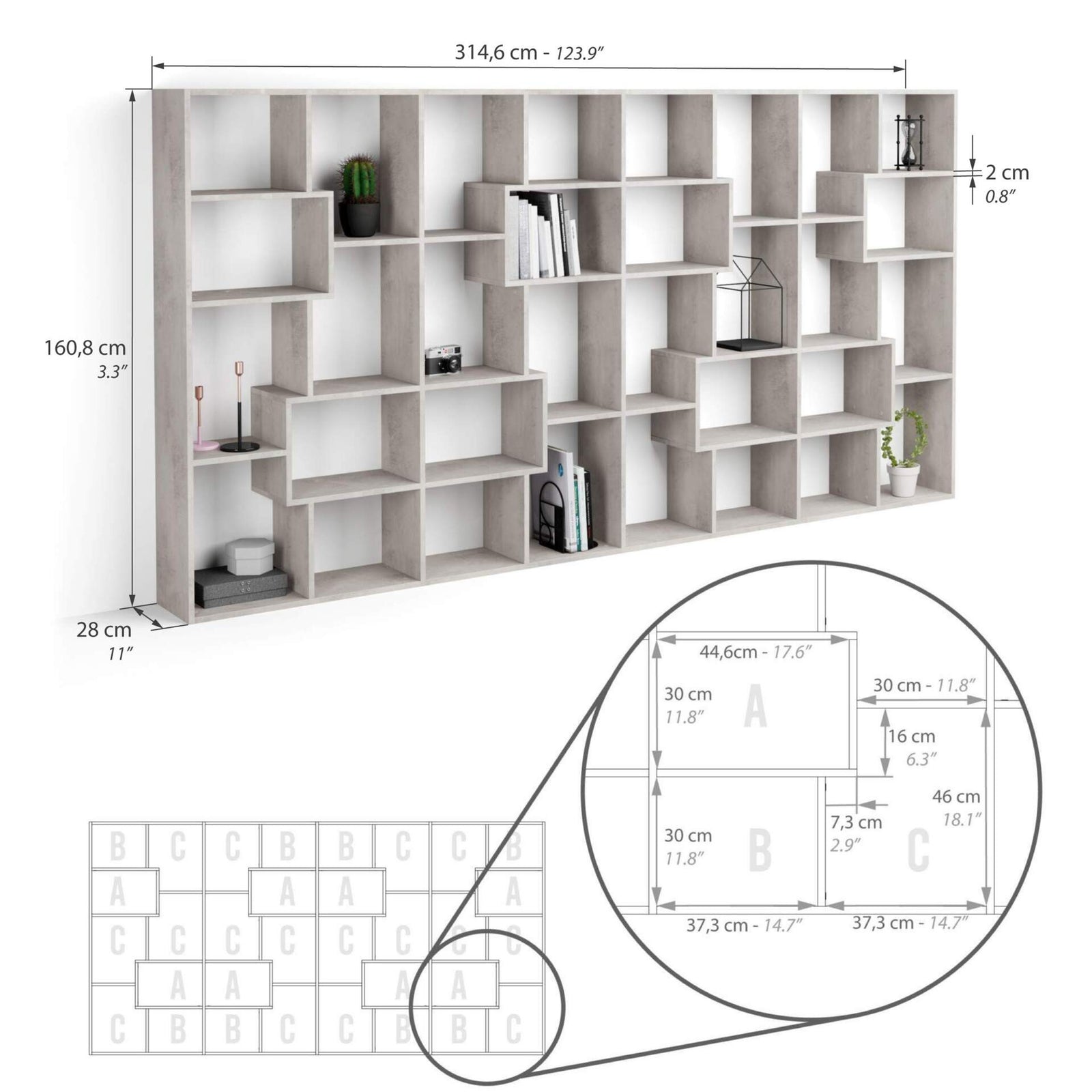 Iacopo L Bücherregal (160,8 x 314,6 cm), grauer Beton - Immagine tecnica 1