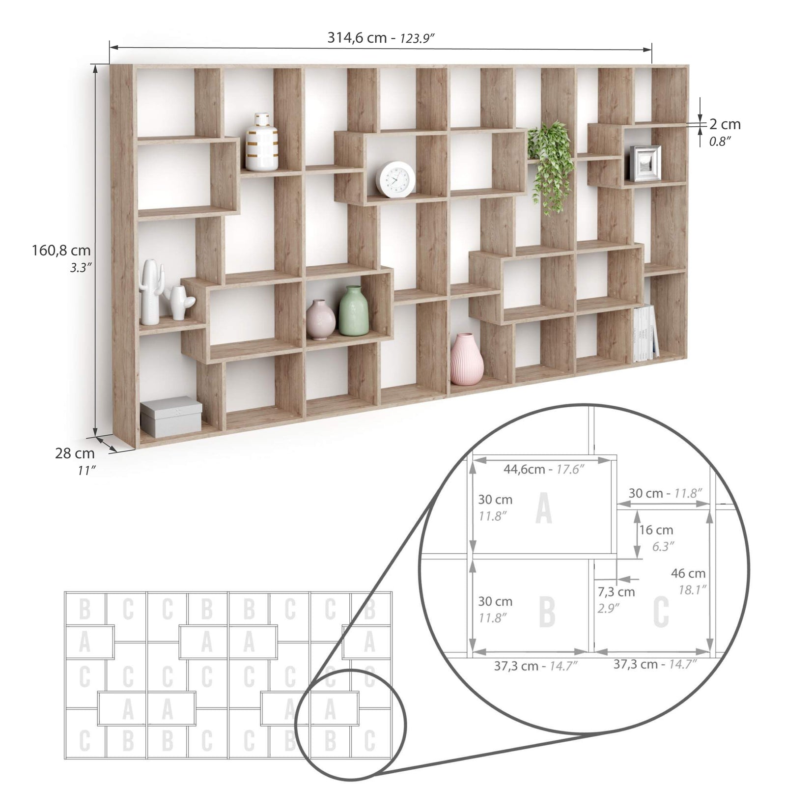 Iacopo L Bookcase (160.8 x 314.6 cm), Oak - Immagine tecnica 1