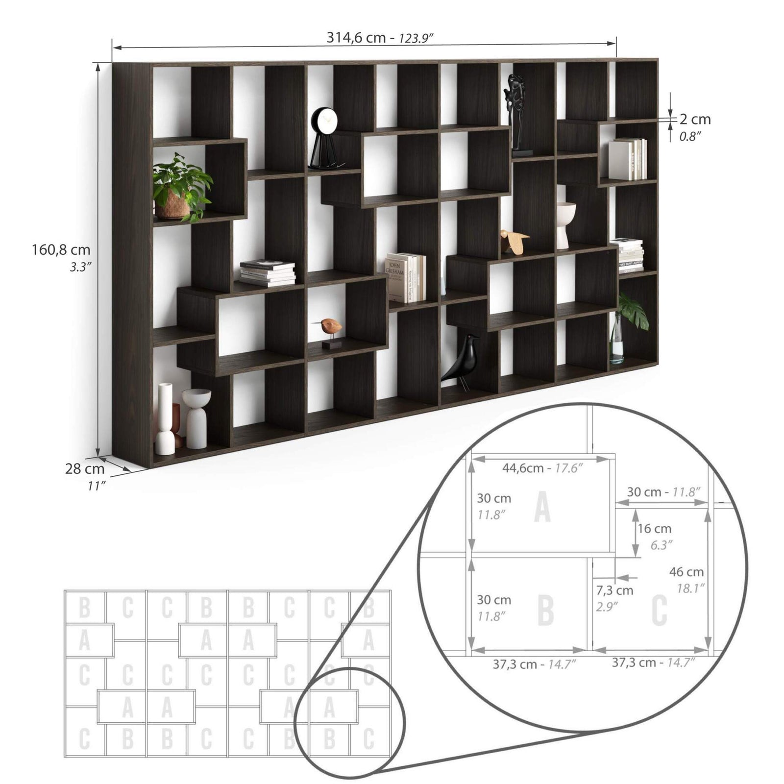 Bücherregal L Iacopo (160,8 x 314,6 cm), Nussbaum Dunkel - Immagine tecnica 1