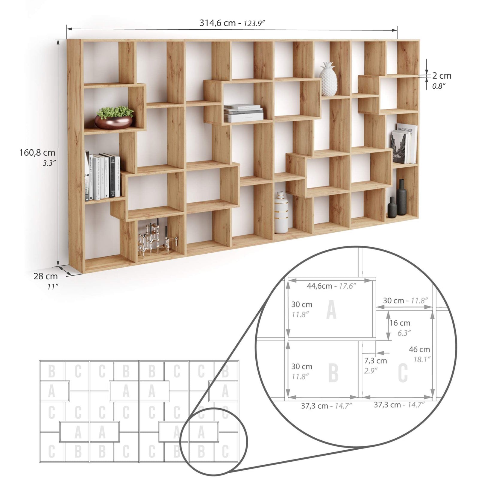 Boekenkast L Iacopo (160,8 x 314,6 cm), Rustiek Eiken - Immagine tecnica 1