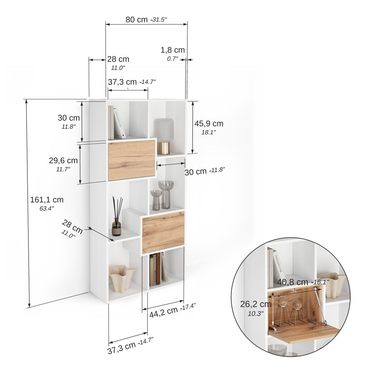 Iacopo XS bokhylla i askvitt med dörrar i rustik ek (160,8 x 80 cm) - Immagine tecnica 1