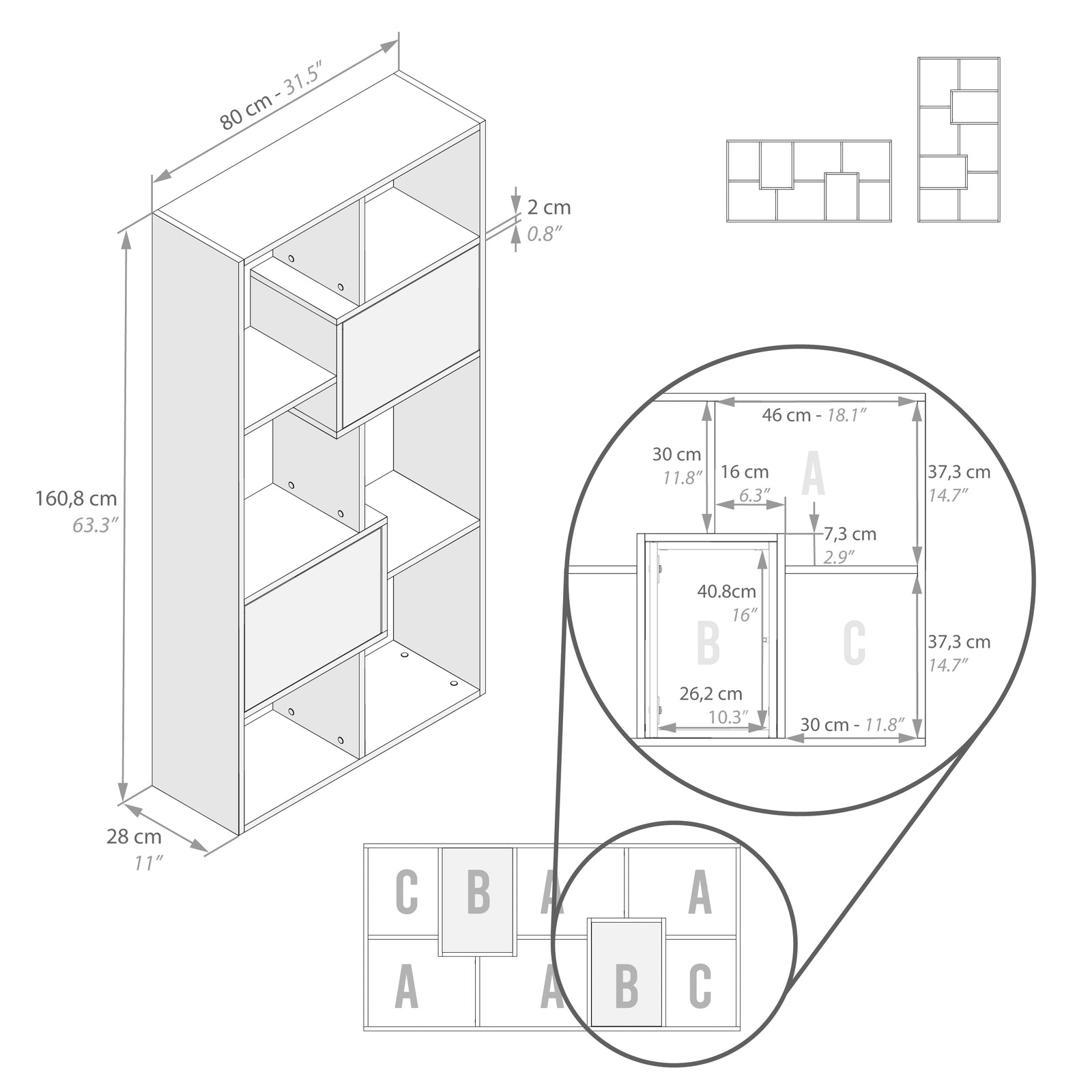 Iacopo XS Bookcase with panel doors (160.8 x 80 cm), Oak - Immagine tecnica 1