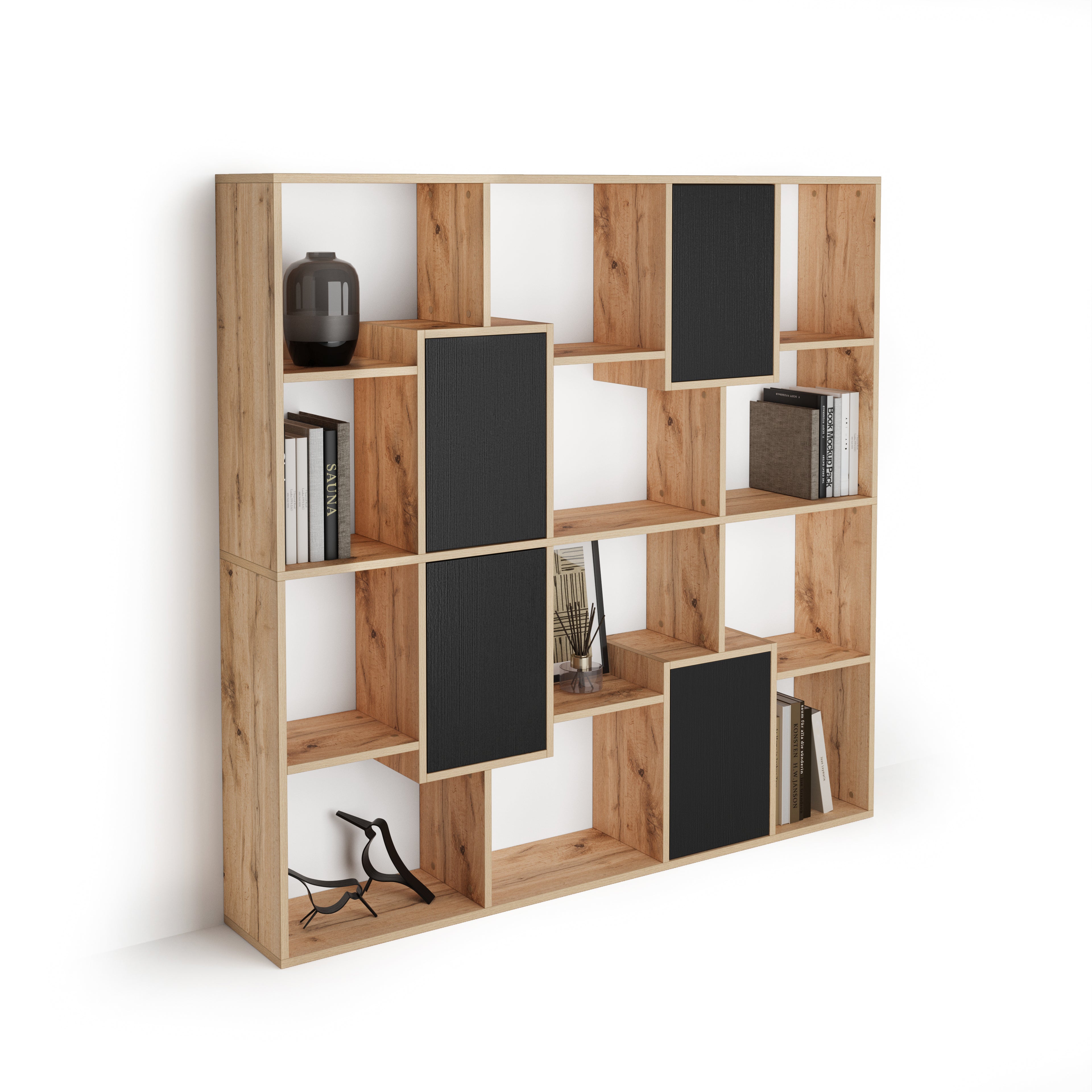 Iacopo S Bookcase Rustic Oak with Ashwood Black Doors (63.3 x 62.3 in) - Main image