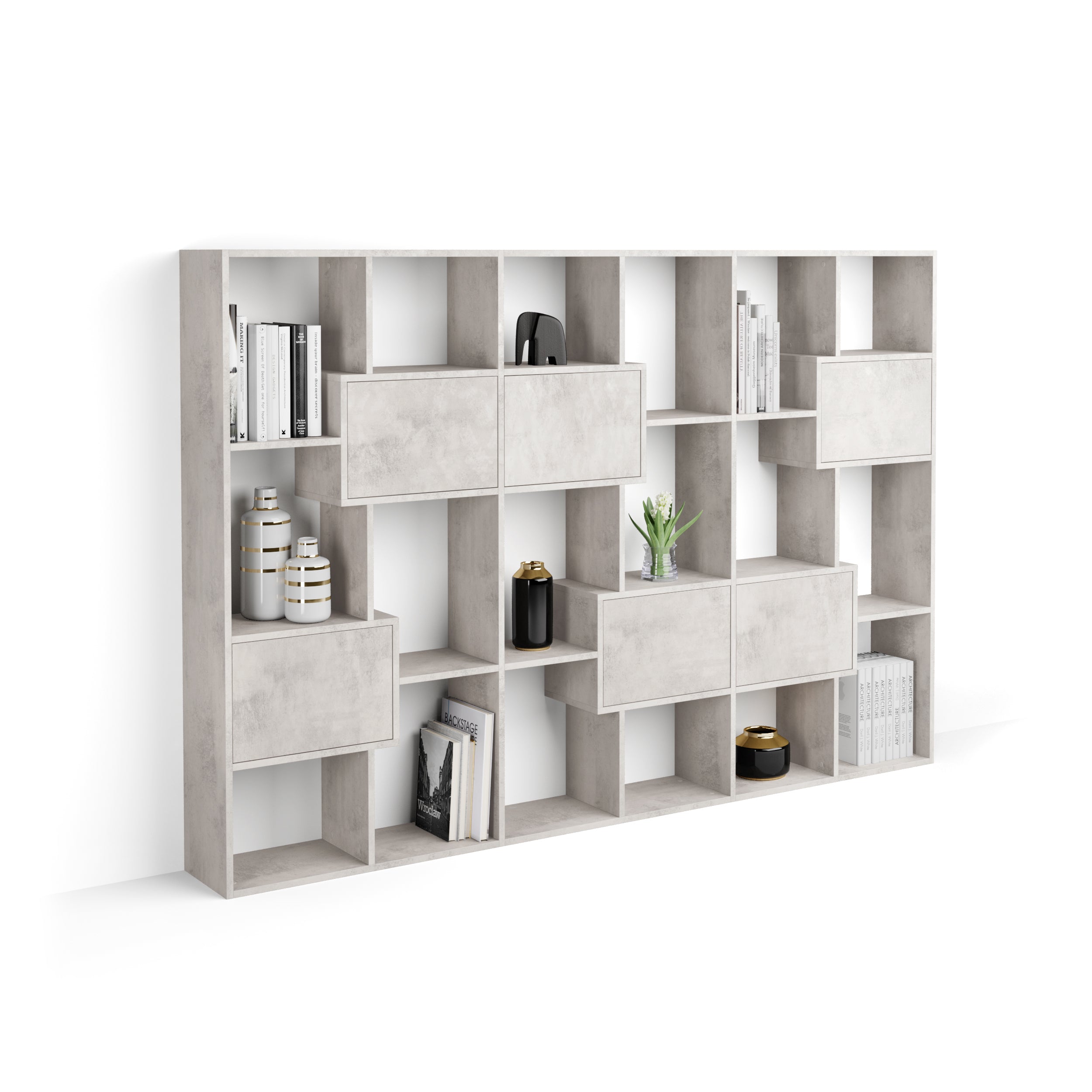 Iacopo M Bookcase with panel doors (160.8 x 236.4 cm), Concrete Effect, Grey - Main image