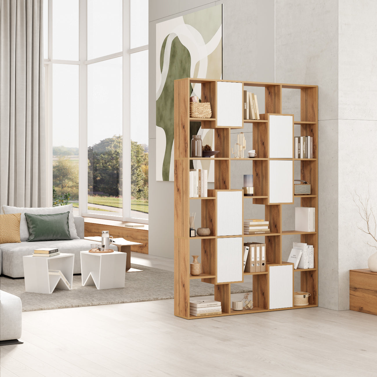Bibliothèque XL Iacopo Bois Rustique avec portes Frêne Blanc (236,4 x 321,6 cm) - Set image 1