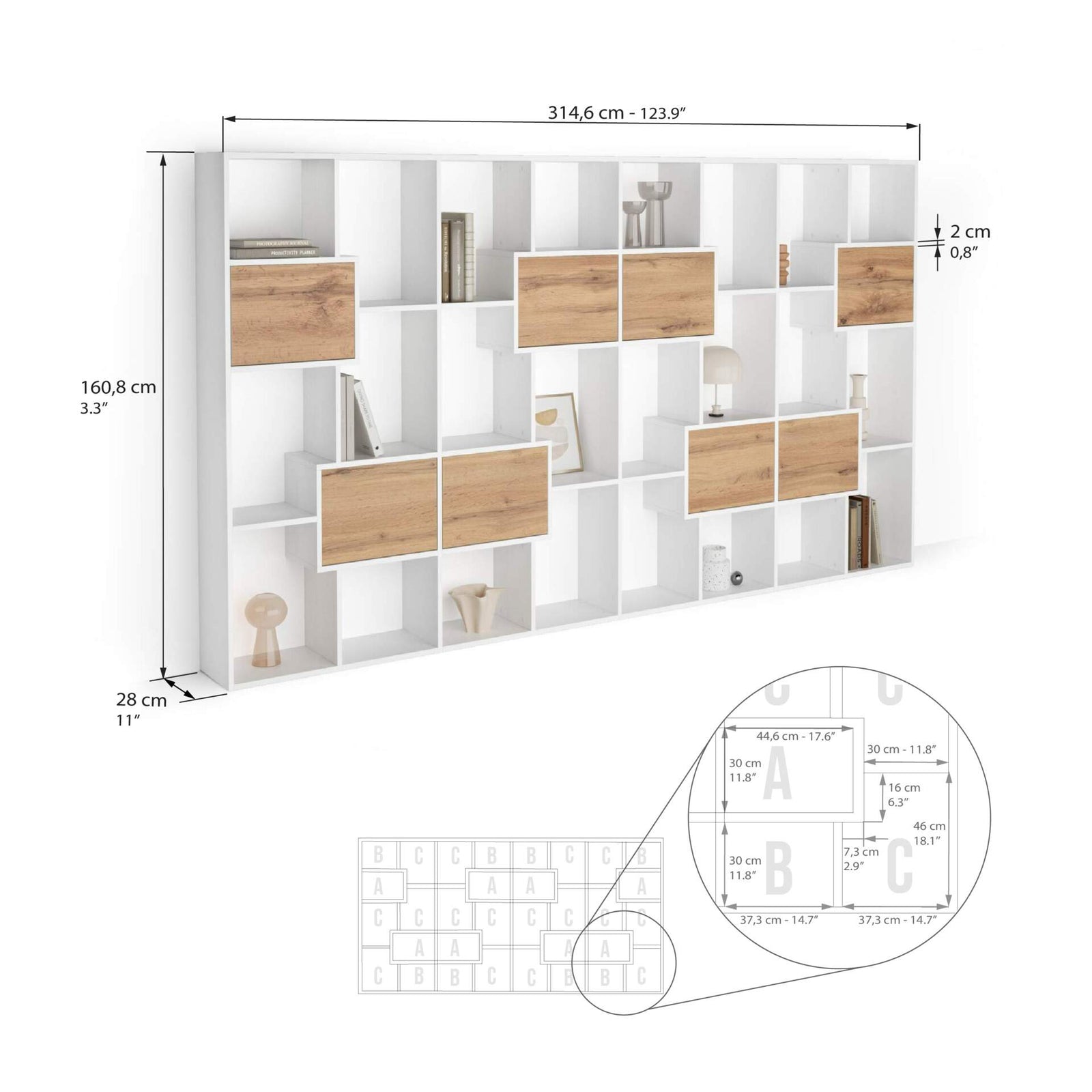 Iacopo L Bookcase Ashwood White with Rustic Oak Doors (63.3 x 123.8 in) - Immagine tecnica 1