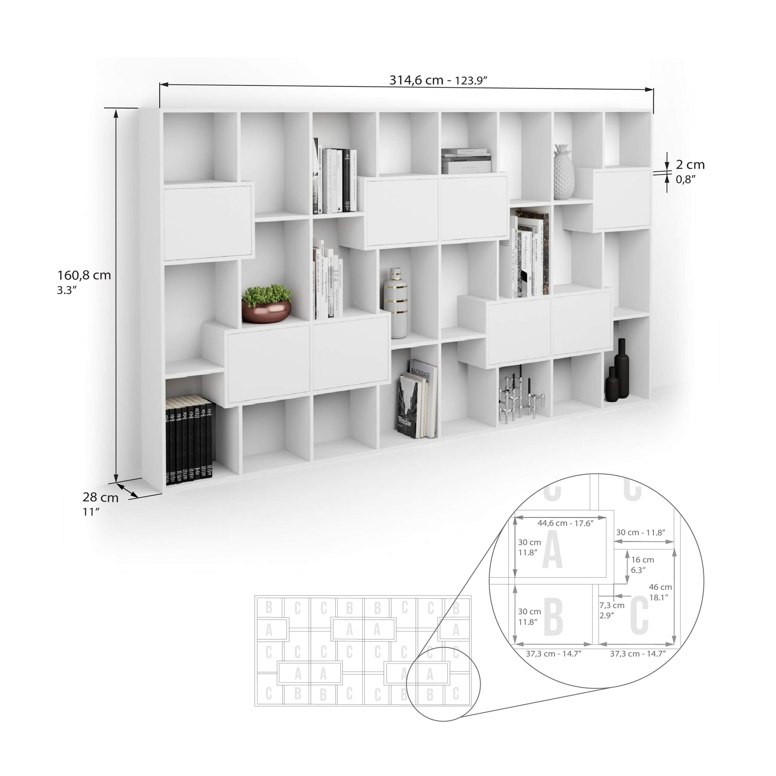 Iacopo, Bücherregal L (160,8 x 314,6 cm), Esche, Weiß - Immagine tecnica 1