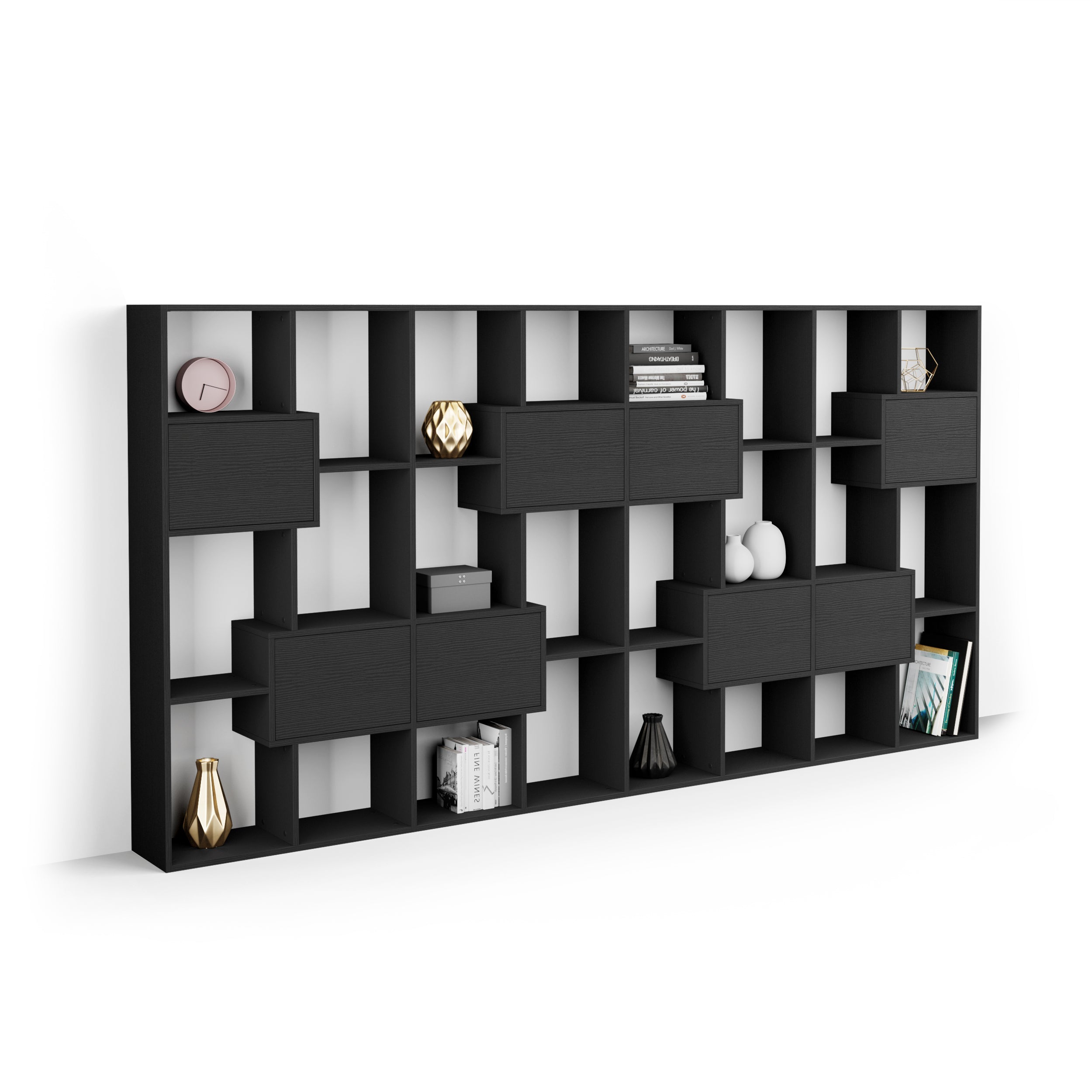 Iacopo L Bücherregal mit Paneeltüren (160,8 x 314,6 cm), Esche, Schwarz
