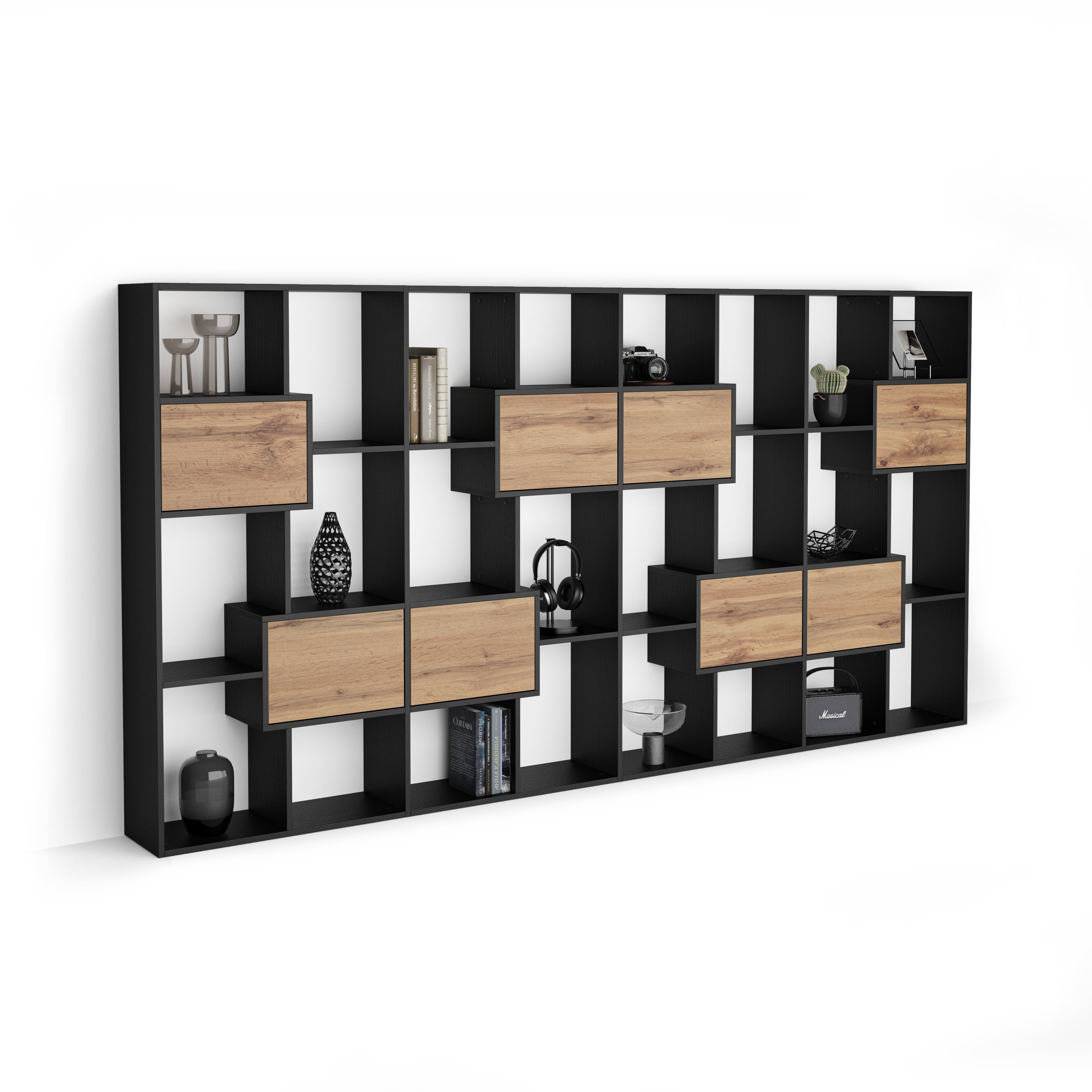 Bücherregal L Iacopo Esche, Schwarz mit Türen aus rustikale Eiche (160,8 x 314,6 cm)