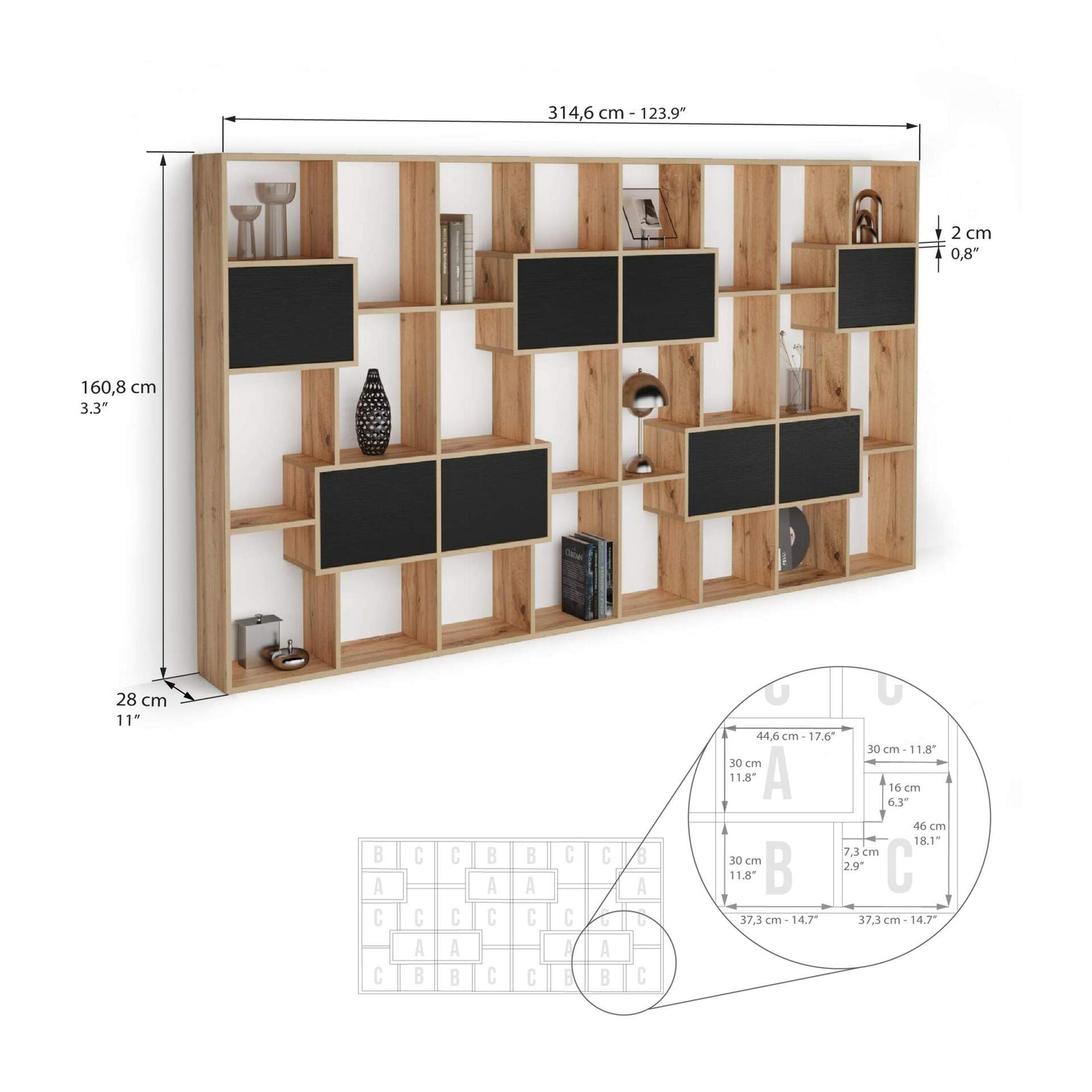 Iacopo L Bookcase Rustic Oak with Ashwood Black Doors (63.3 x 123.8 in) - Immagine tecnica 1