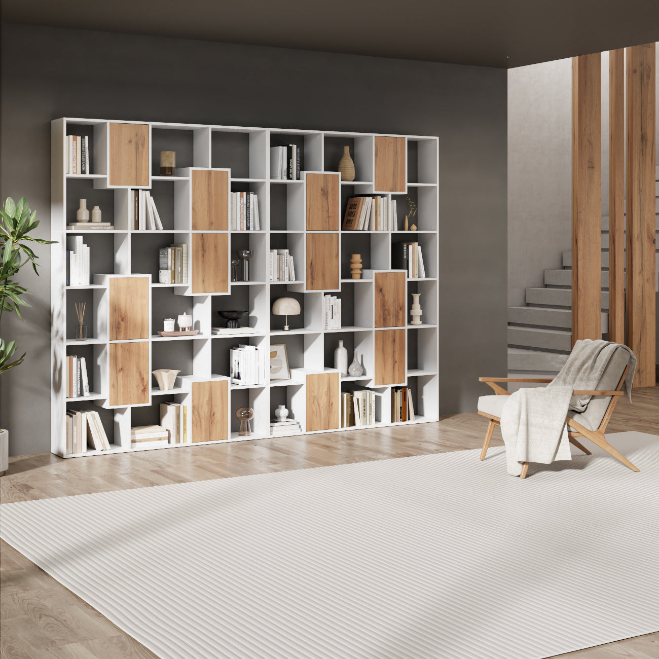 Iacopo S Bookcase Ashwood White with Rustic Oak Doors (63.3 x 62.3 in) - Set image 1