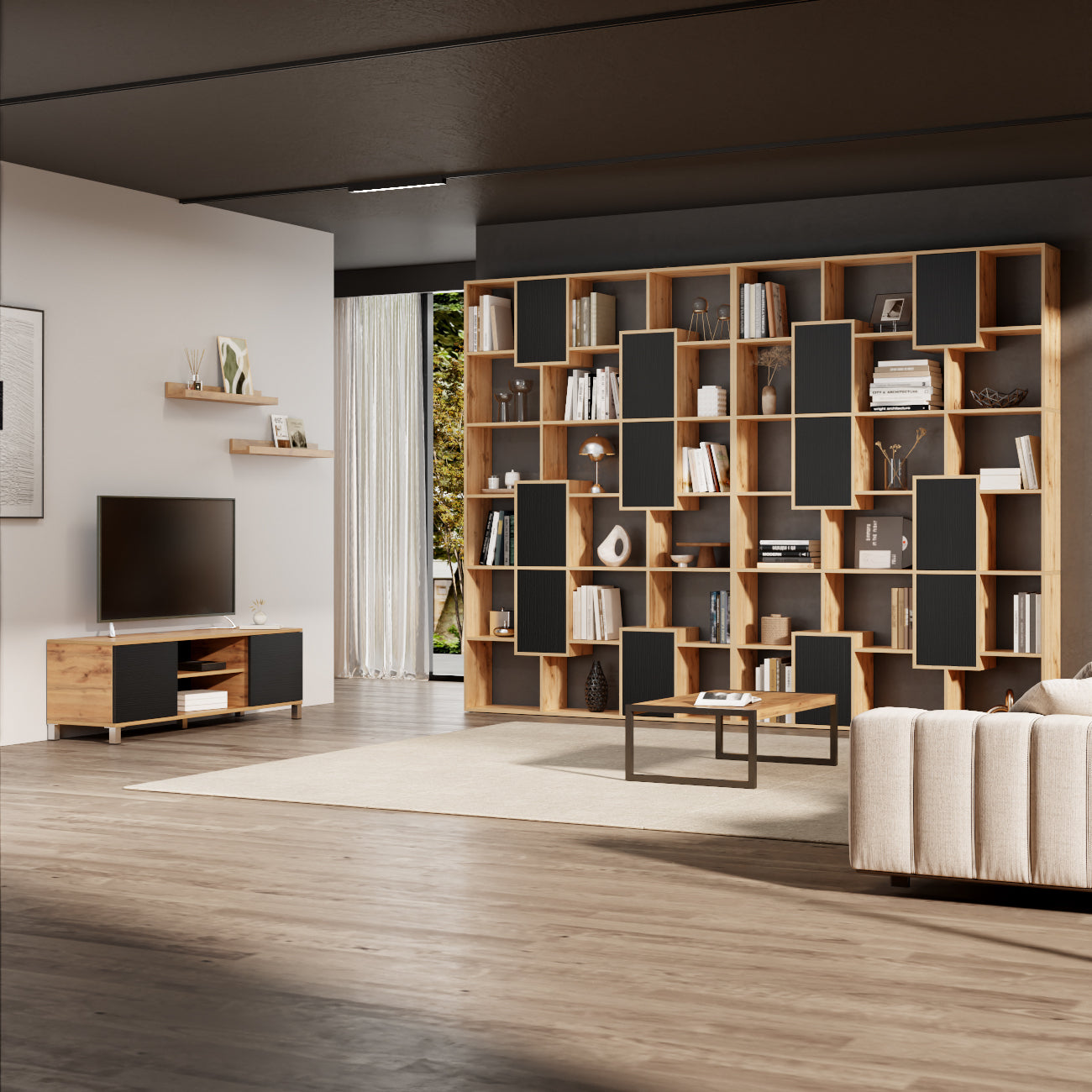 Libreria bassa XS Iacopo Rovere Rustico con ante Nero Frassino (160,8 x 80 cm) - Immagine ambientata 1