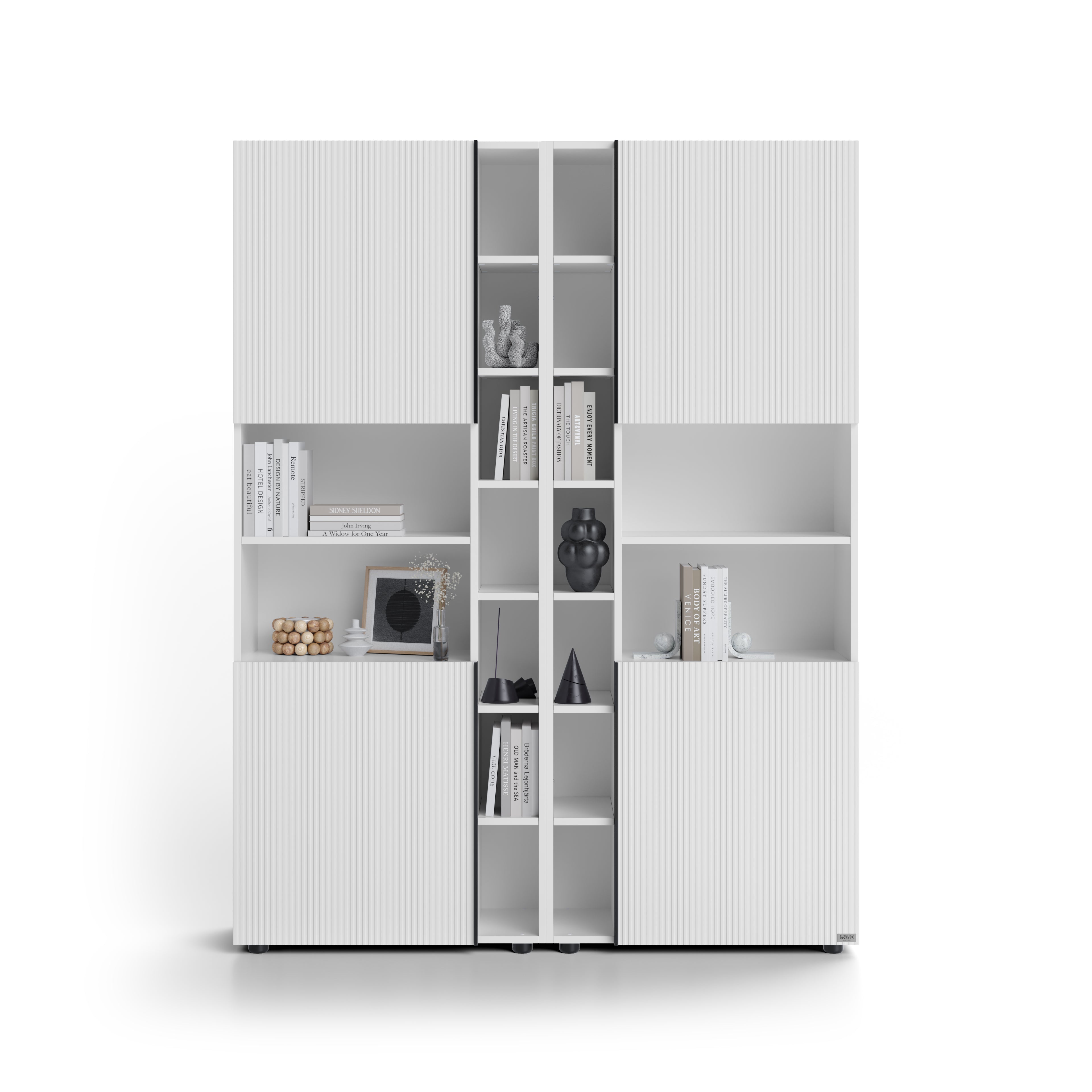 Modulares Bücherregal Romina mit gerillten Türen (153,6 x 200 cm), Weiß Matt