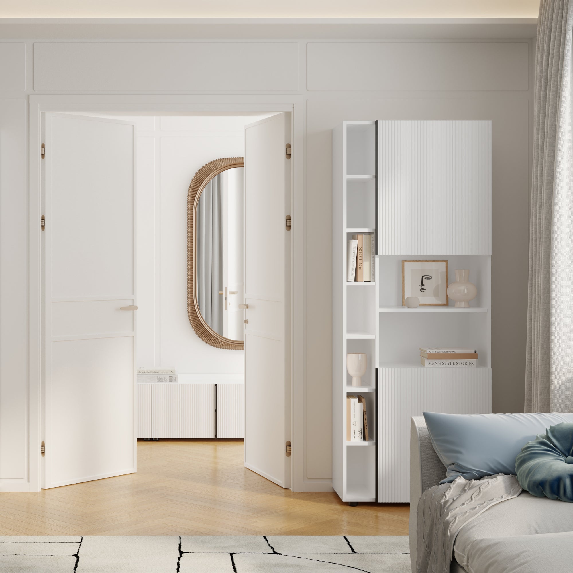 Modulares Bücherregal Romina mit gerillter Tür (76,8 x 200 cm), Weiß Matt - Set image 1