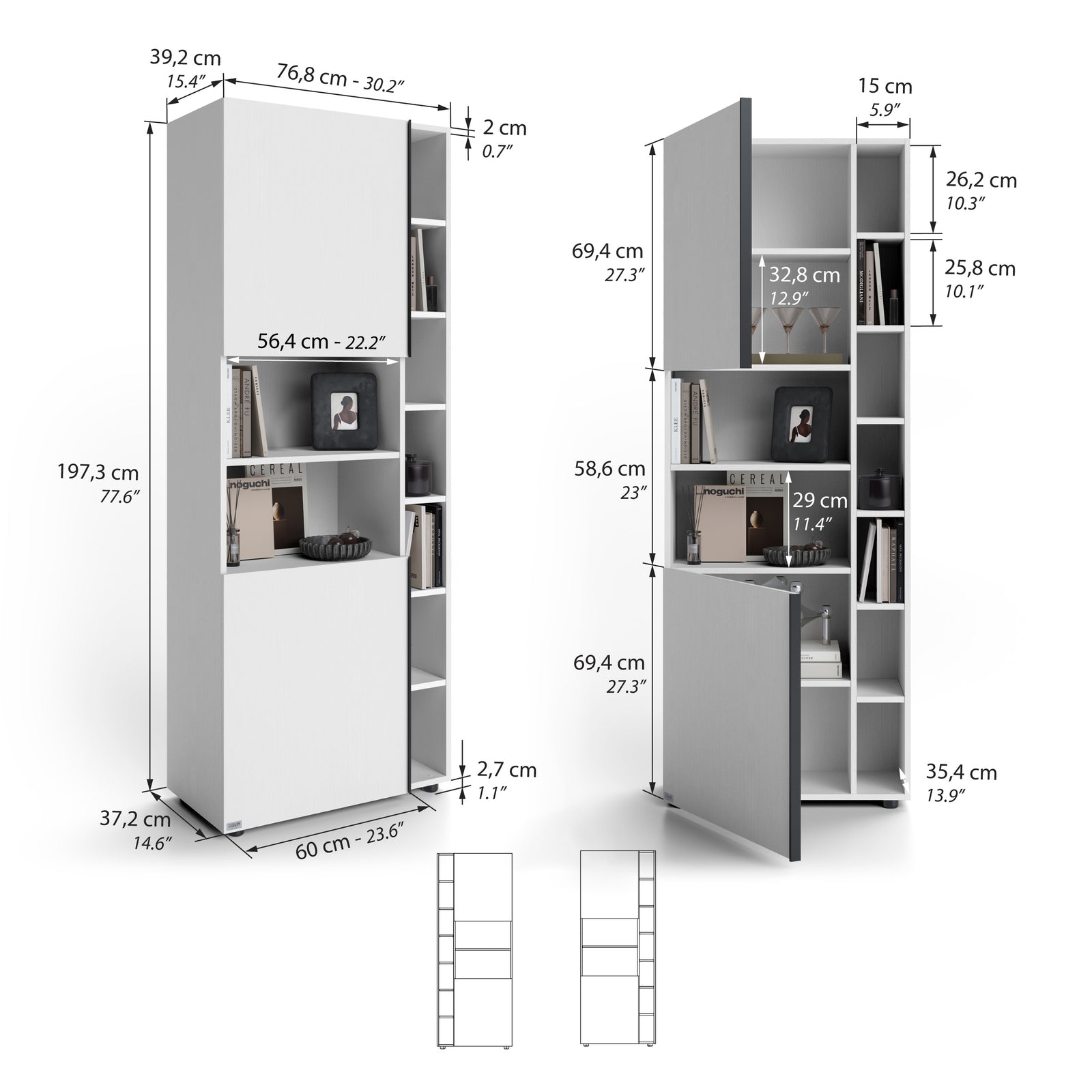 Bibliotecă Modulară Romina (153,6 x 200 cm), Alb Frasin - Immagine tecnica 1