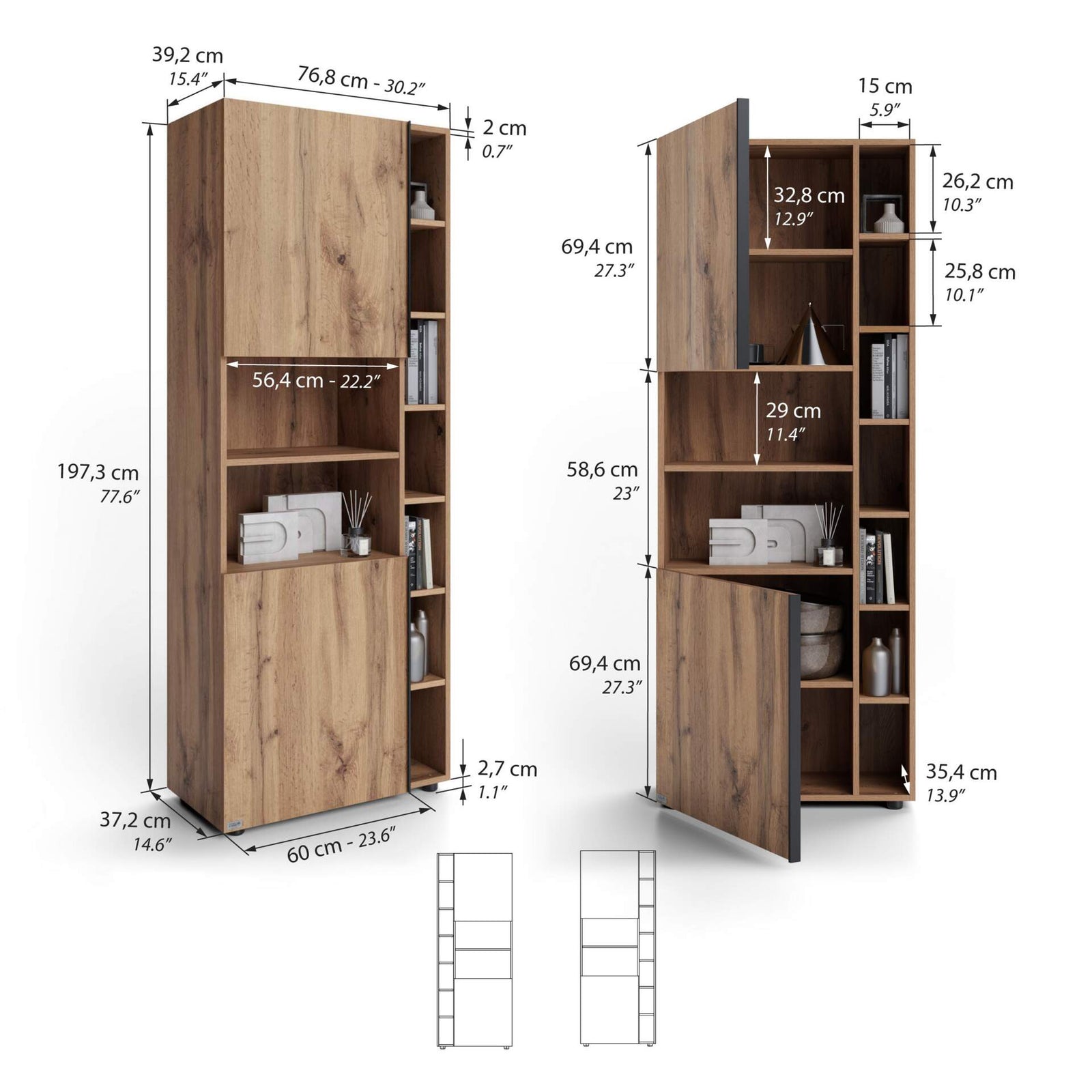 Modulares Bücherregal Romina (153,6 x 200 cm), Rustikale Eiche - Immagine tecnica 1