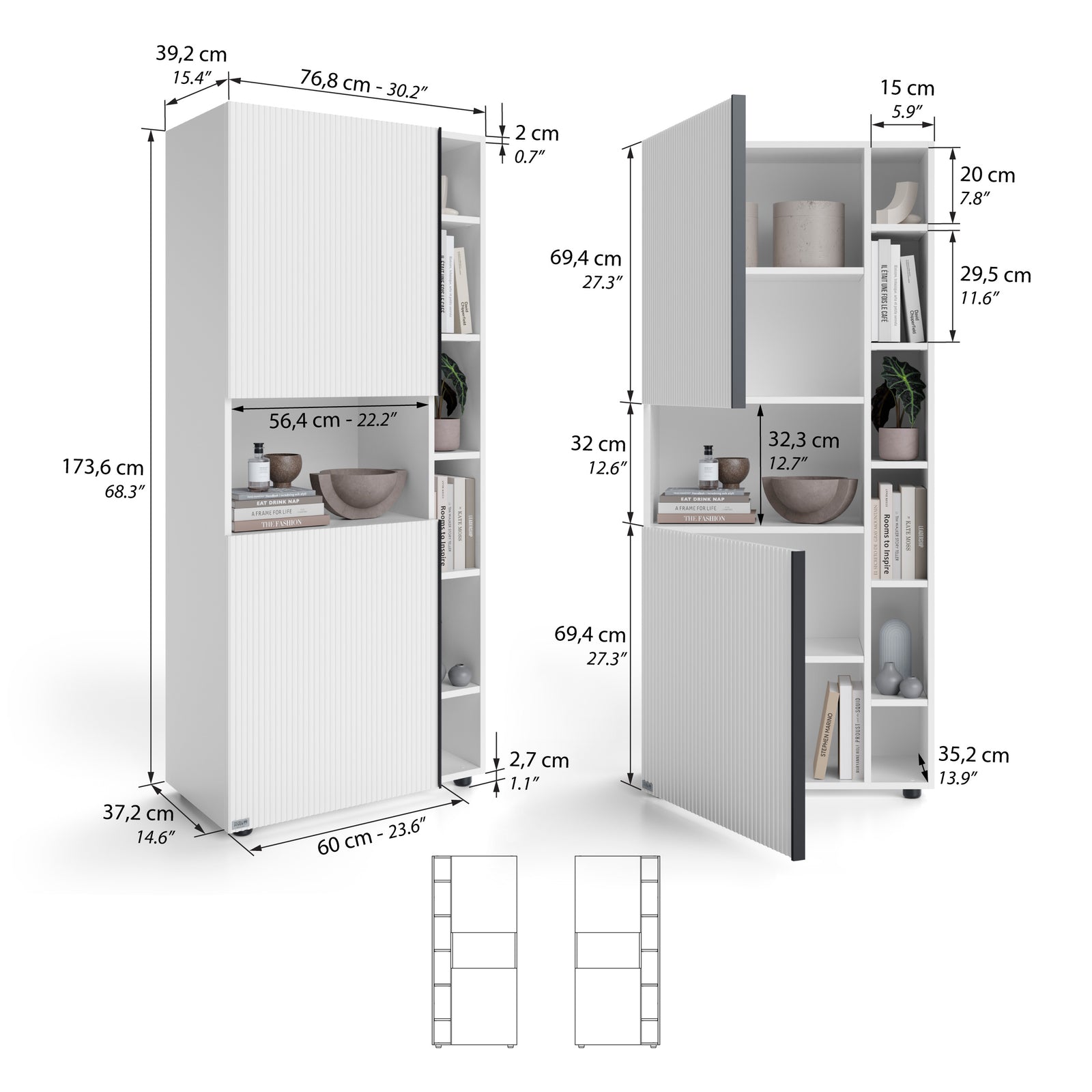 Modulares Bücherregal Romina mit gerillten Türen (153,6 x 173,6 cm), Weiß Matt - Immagine tecnica 1