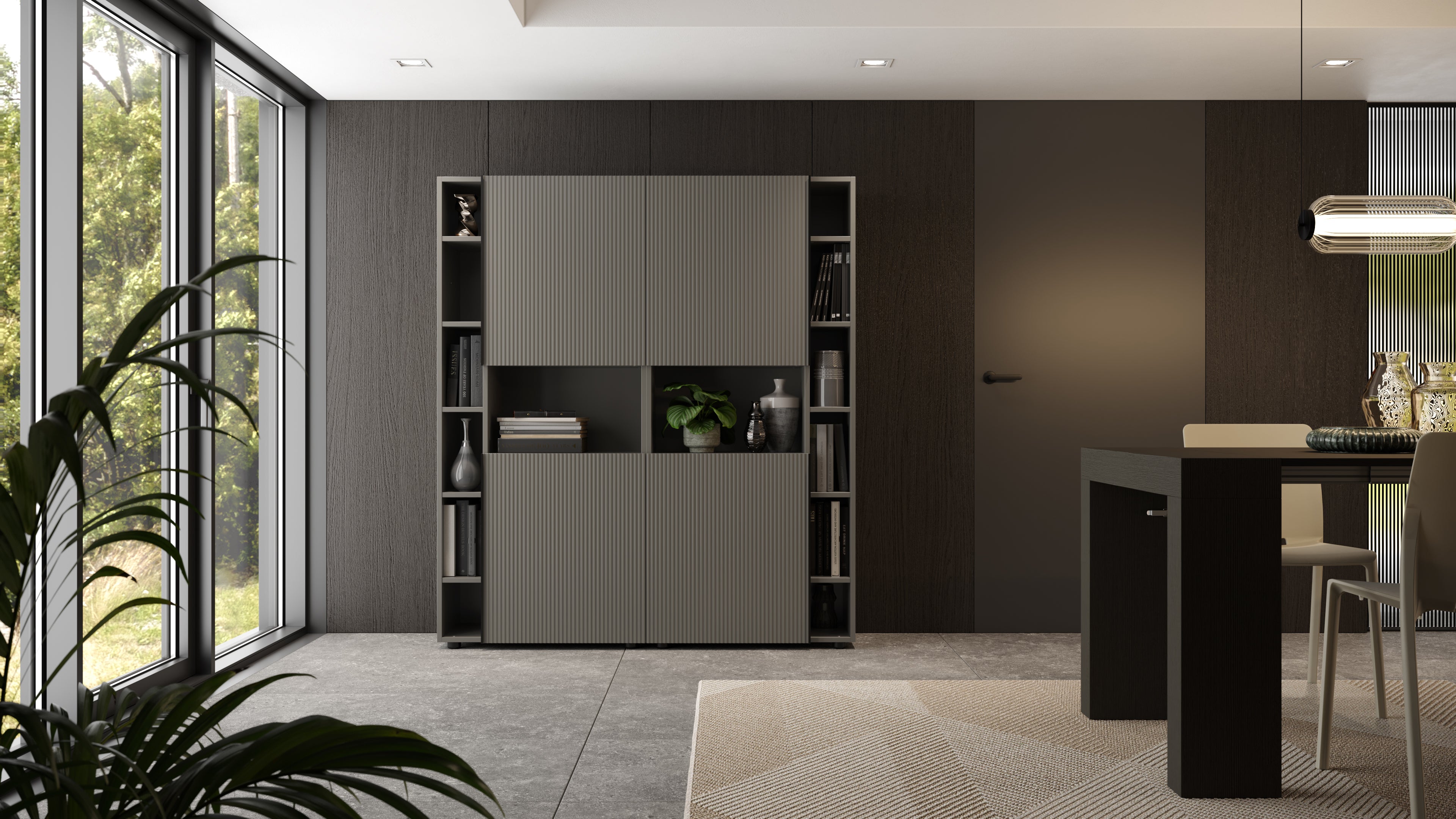 Libreria Componibile con anta in Cannettato Romina (76,8 x 173,6 cm), Grigio Cobalto - Immagine ambientata 2