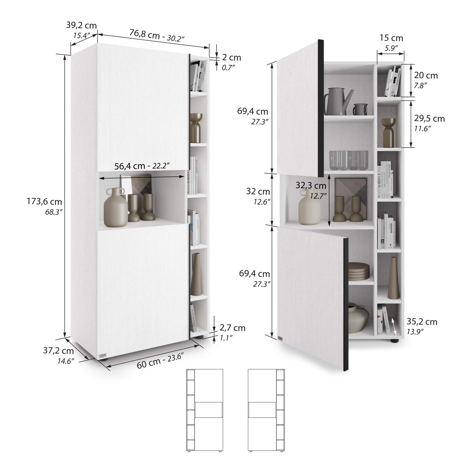 Modulares Bücherregal Romina (153,6 x 173,6 cm), Esche Weiß - Immagine tecnica 1