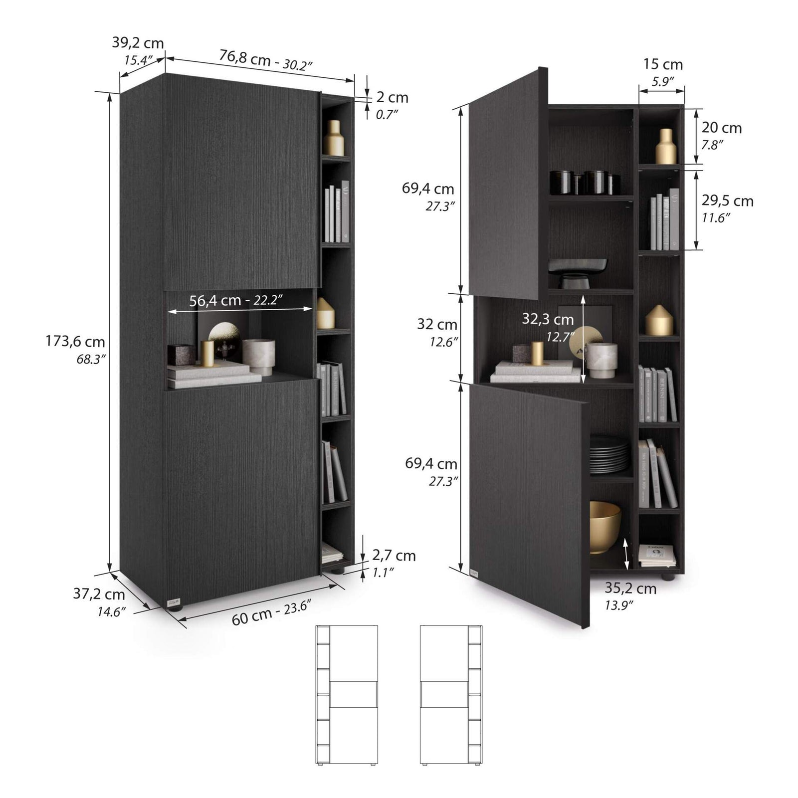 Modulares Bücherregal Romina (153,6 x 173,6 cm), Esche Schwarz - Immagine tecnica 1