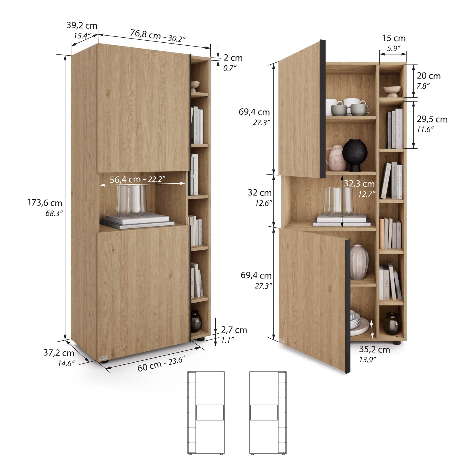 Modulares Bücherregal Romina (76,8 x 173,6 cm), Wildeiche - Immagine tecnica 1