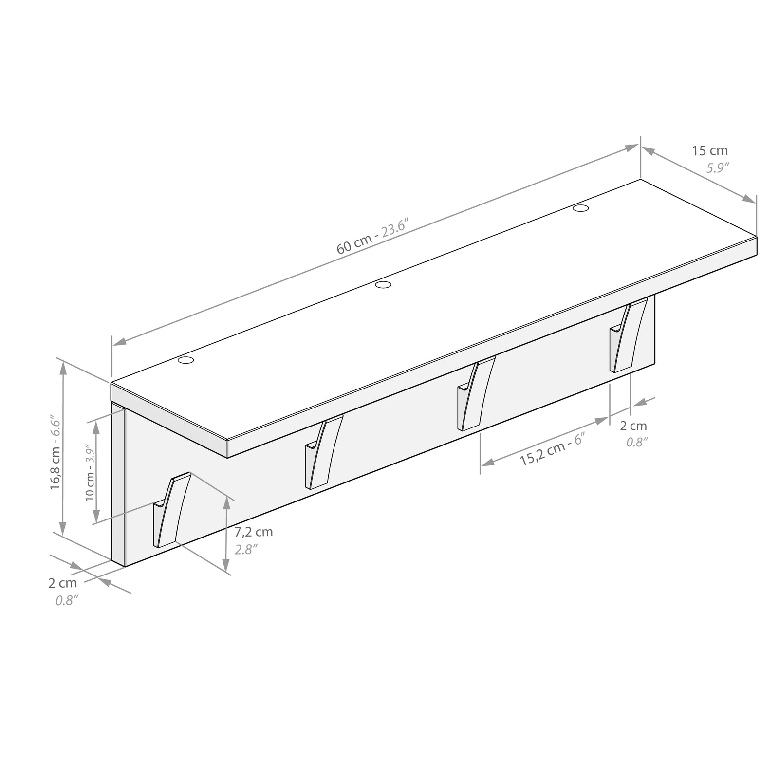 Perchero de pared Rachele, 60 cm, color Cemento gris - Immagine tecnica 1
