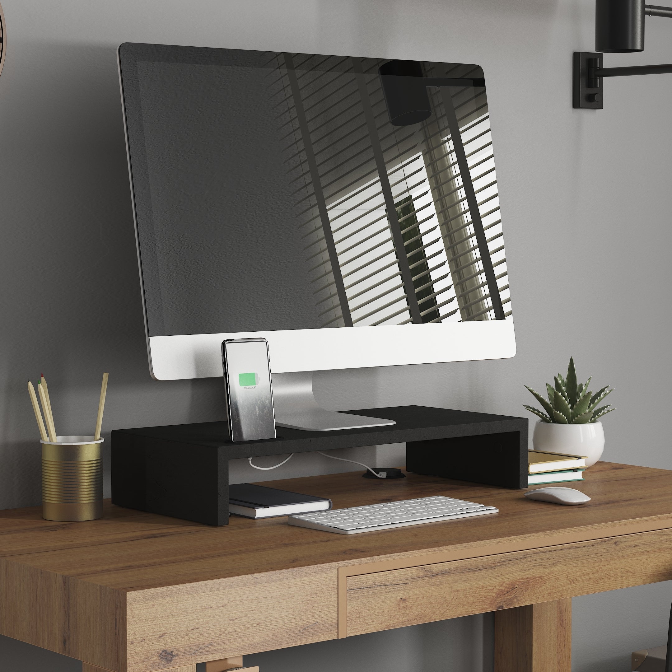 Supporto per monitor Riki da scrivania, h.10 cm, color Nero Cemento - Immagine ambientata 1