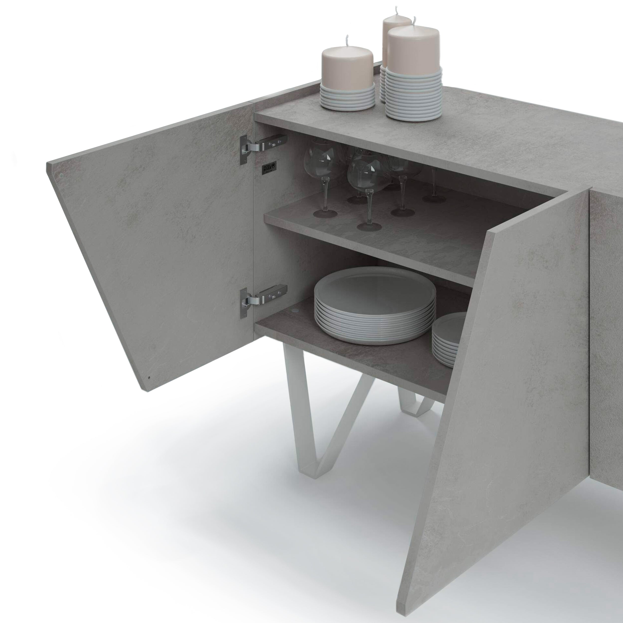 Buffet 4 portes Emma, béton gris, avec pieds blanches