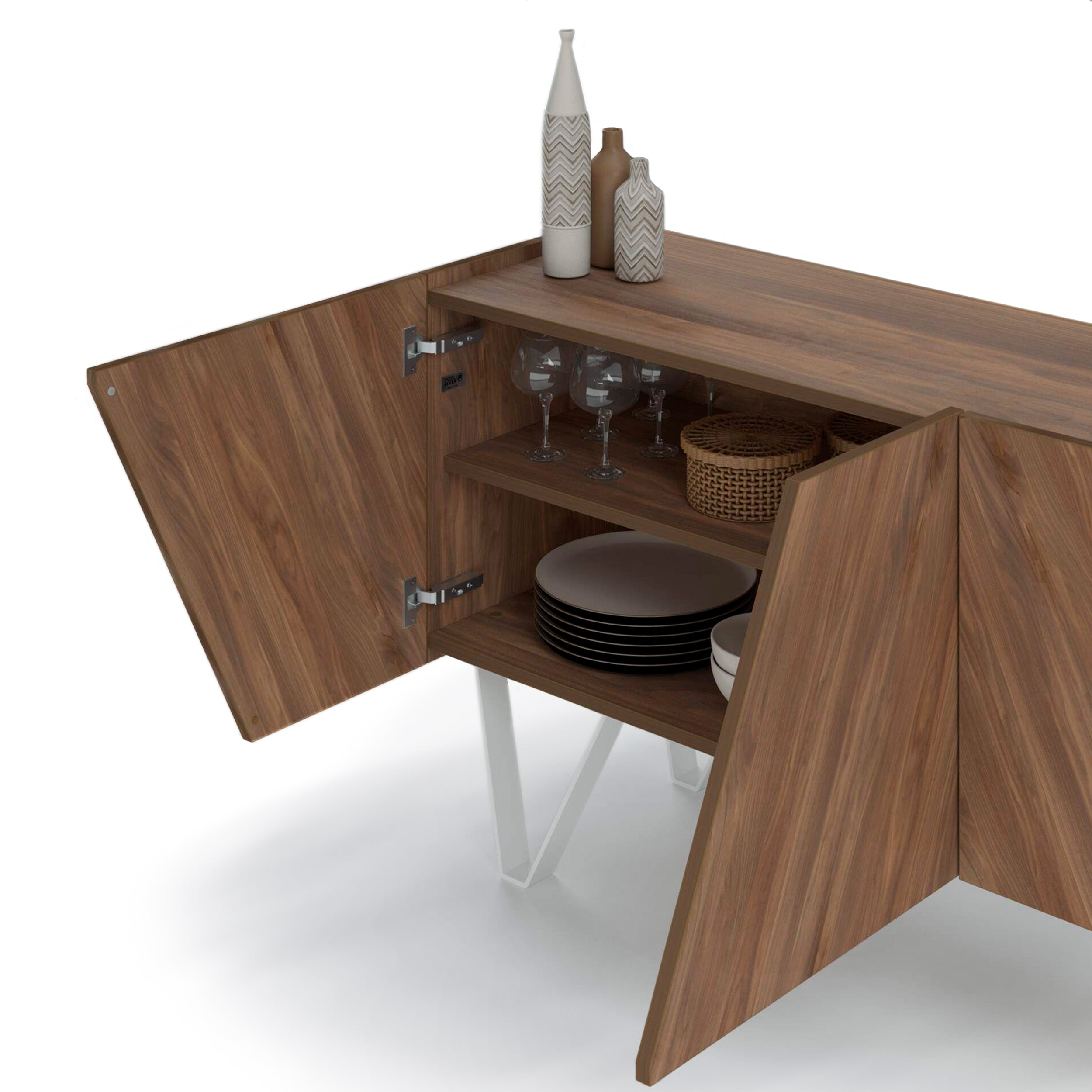 Madia-Buffet 4 ante Emma con gambe bianche, Noce Canaletto - Immagine dettaglio 1